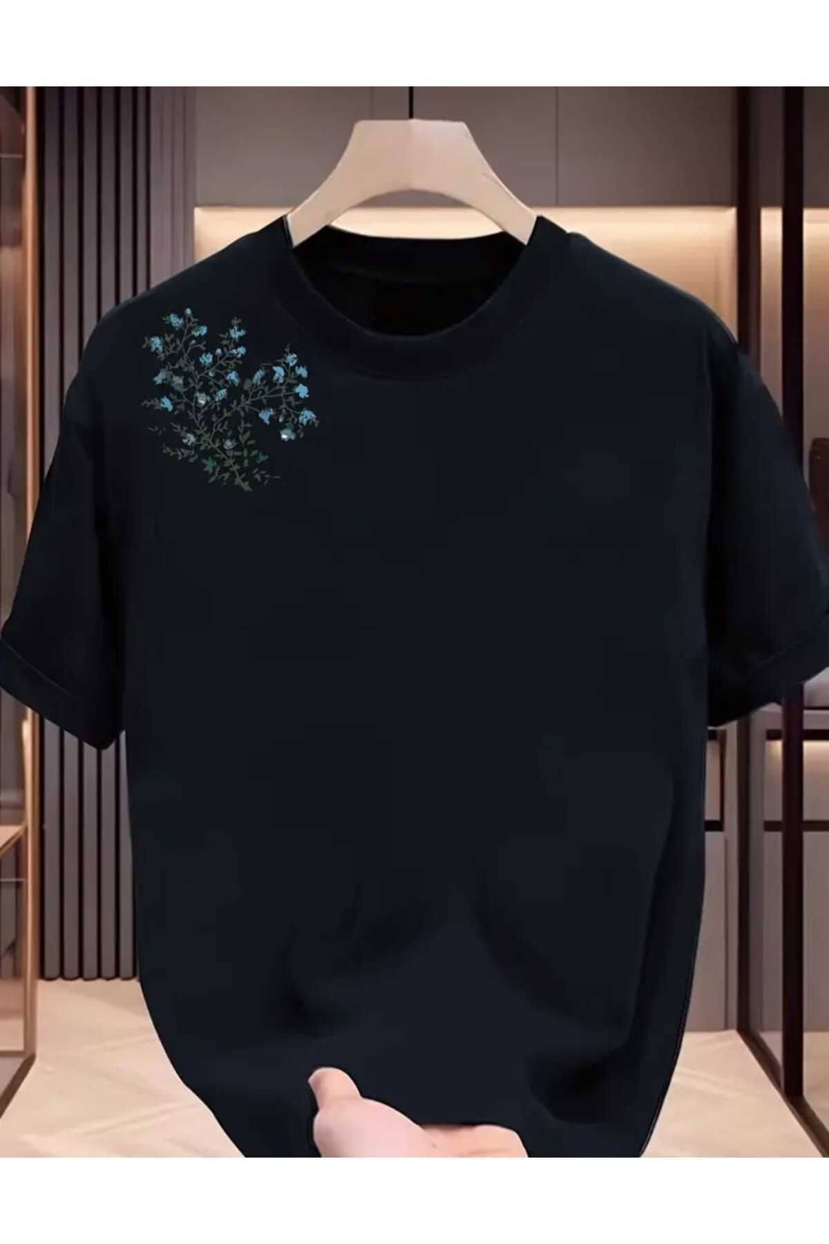 Panda Baskı Tekstil Mavi Çiçek Baskılı Özel Tasarım Oversize Tshirt