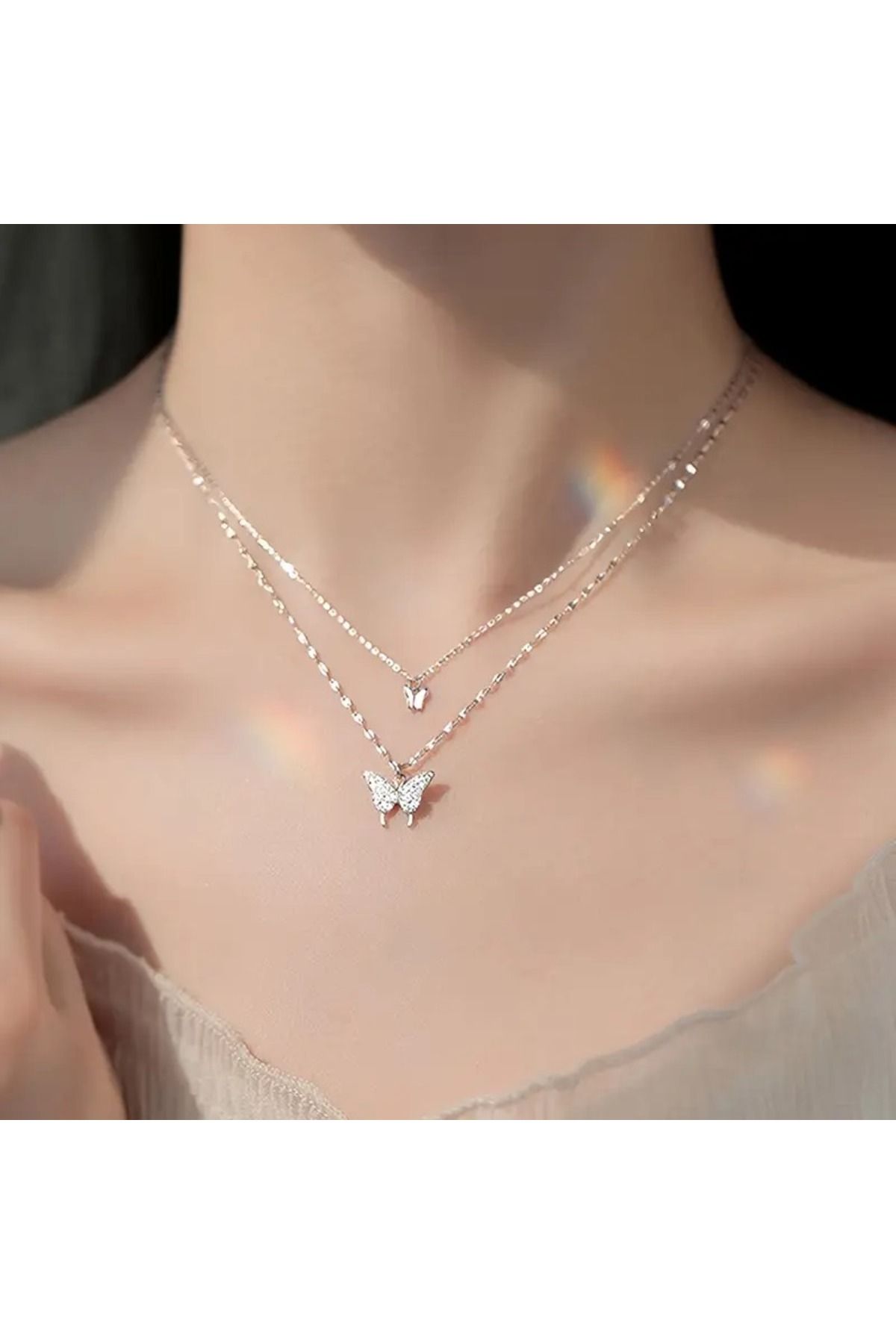 Feron accessories Zarif Taşlı Kelebek Detaylı Çift Katlı ALTIN Renk Kolye TMF104