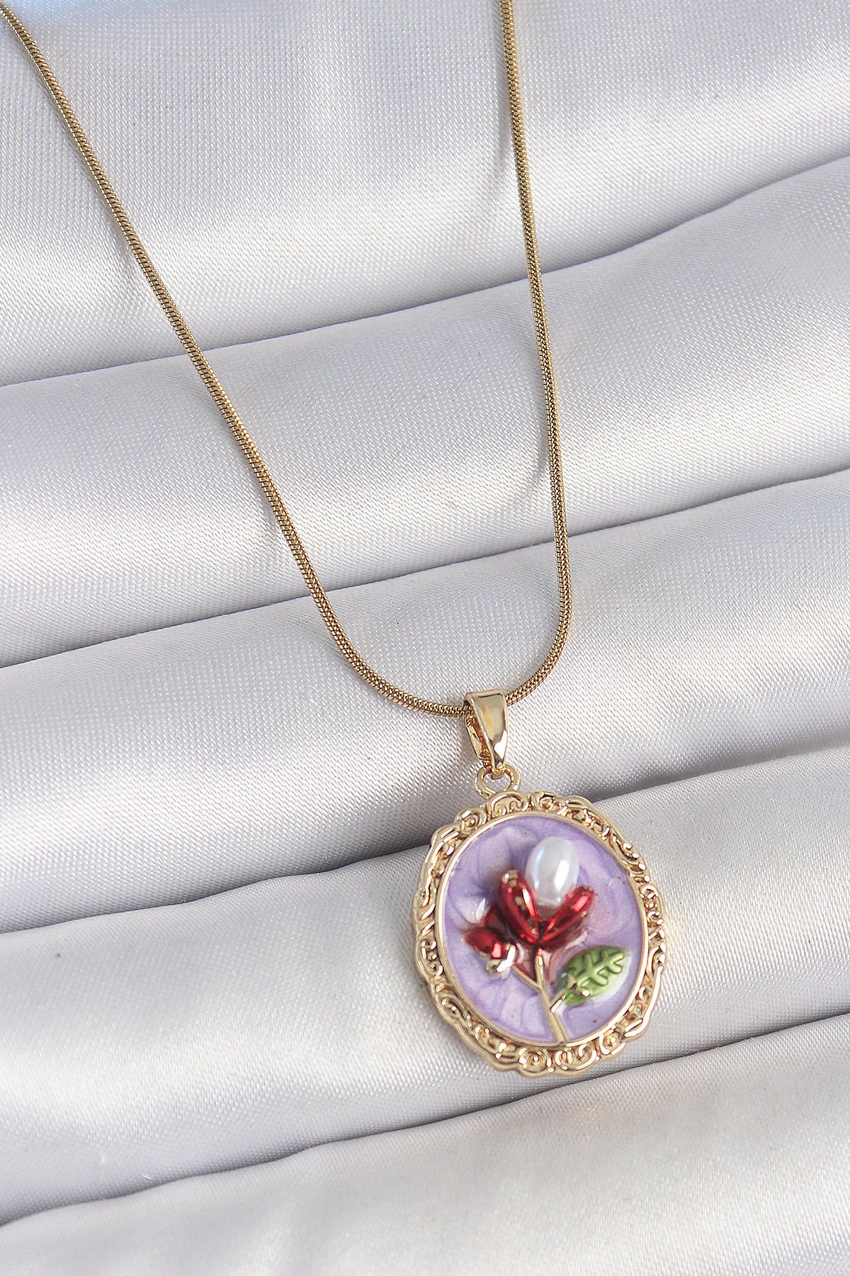 callerrons accessories Gold Renk Zincir Mor Mineli İncili Çiçek İşlemeli Portre Model Kadın Kolye - EBJ250519W33941