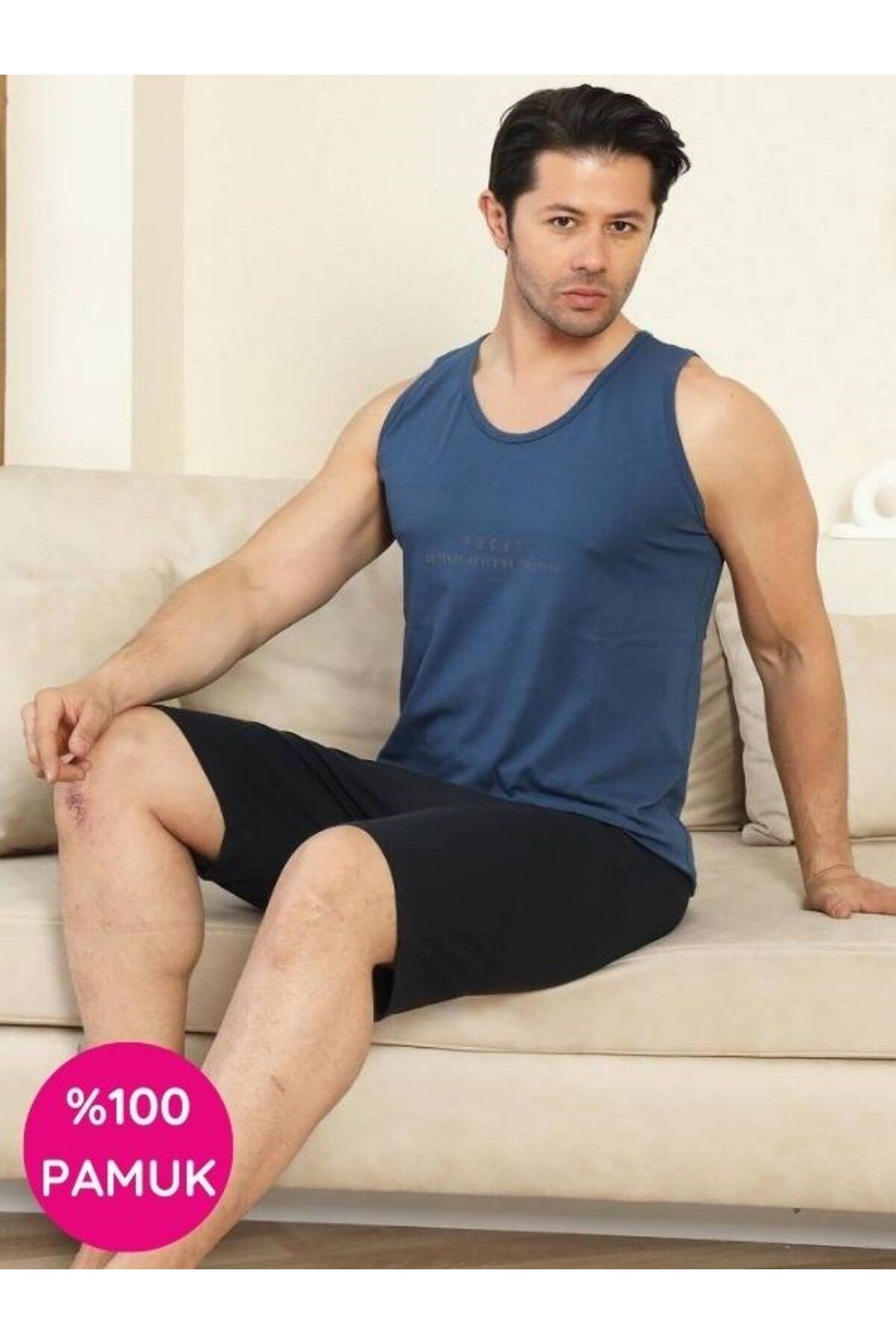 bie's Erkek Bisiklet Yaka Düğmesiz %100 Pamuk Atlet Sporcu Kol Cepli Şortlu Pijama Takımı