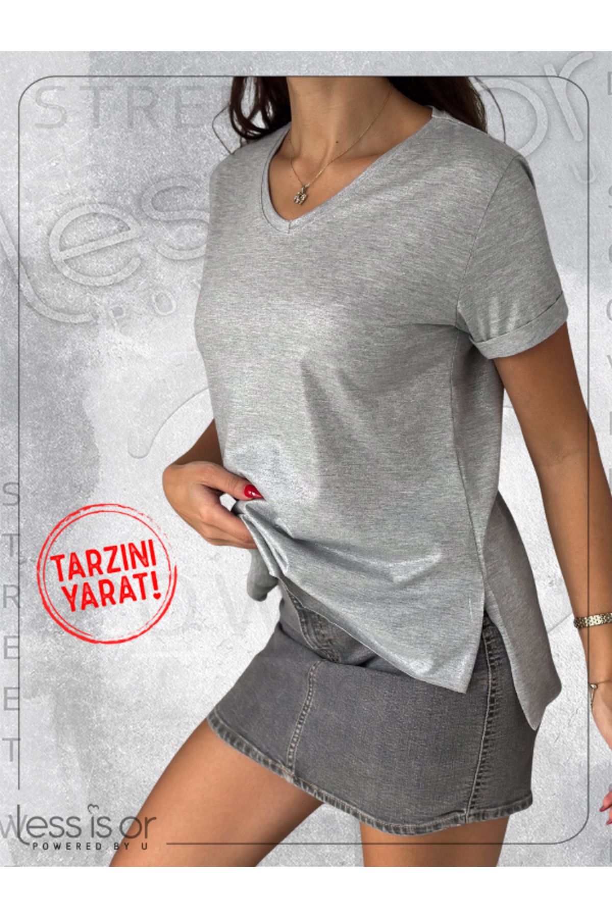less is or Açık Gri Renk Parlak Simli V Yaka Kısa Kollu Basic Tshirt