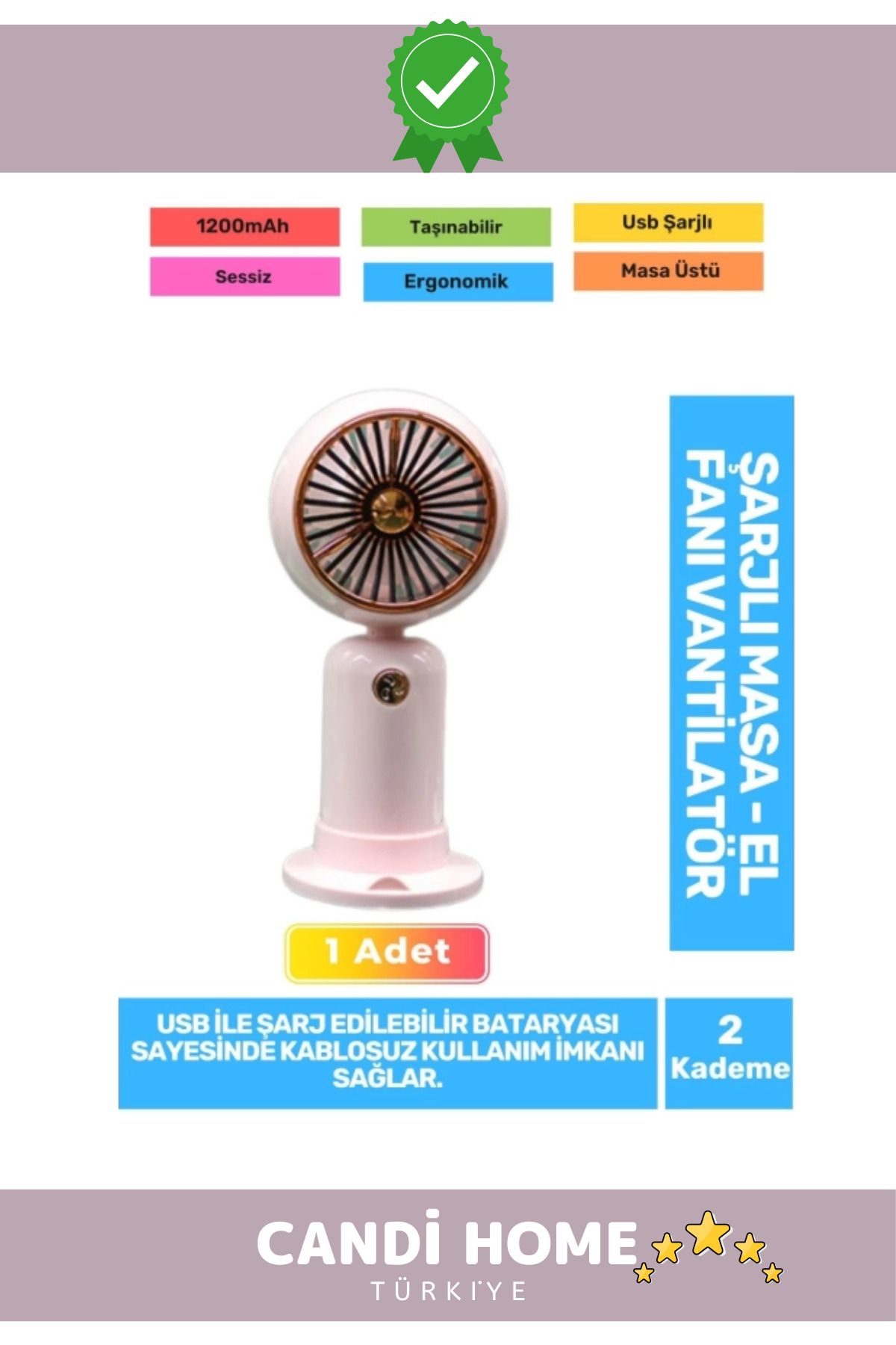 HOBİ CONDİ New Sessiz 2 Kademe Kablosuz 1200mAh Pervaneli Hafif Taşınabilen Usb Şarjlı Masa El Fanı Vantilatör