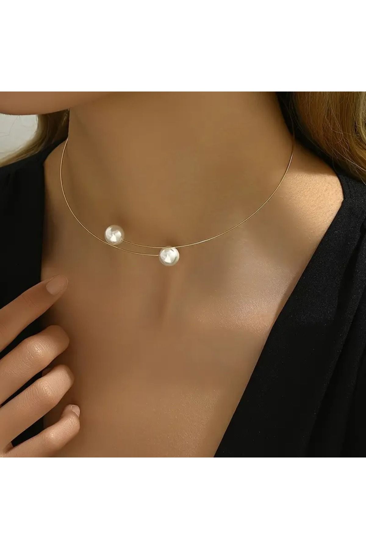 Feron accessories Minimalist Çift İncili İnce Tel Tasarım Şık Kolye TMF107