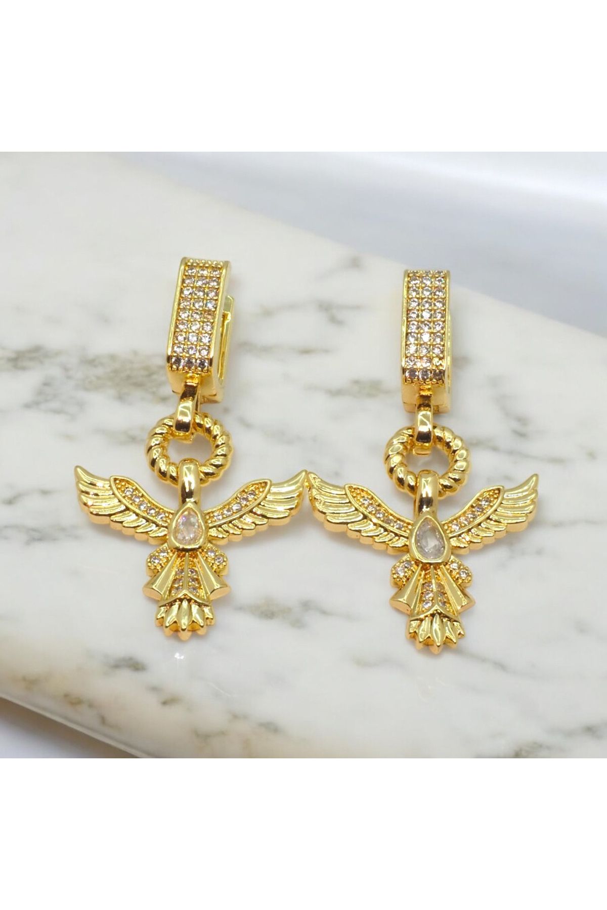 Bumu Design Zirkon Taşlı Kuş Figürlü Gold Küpe