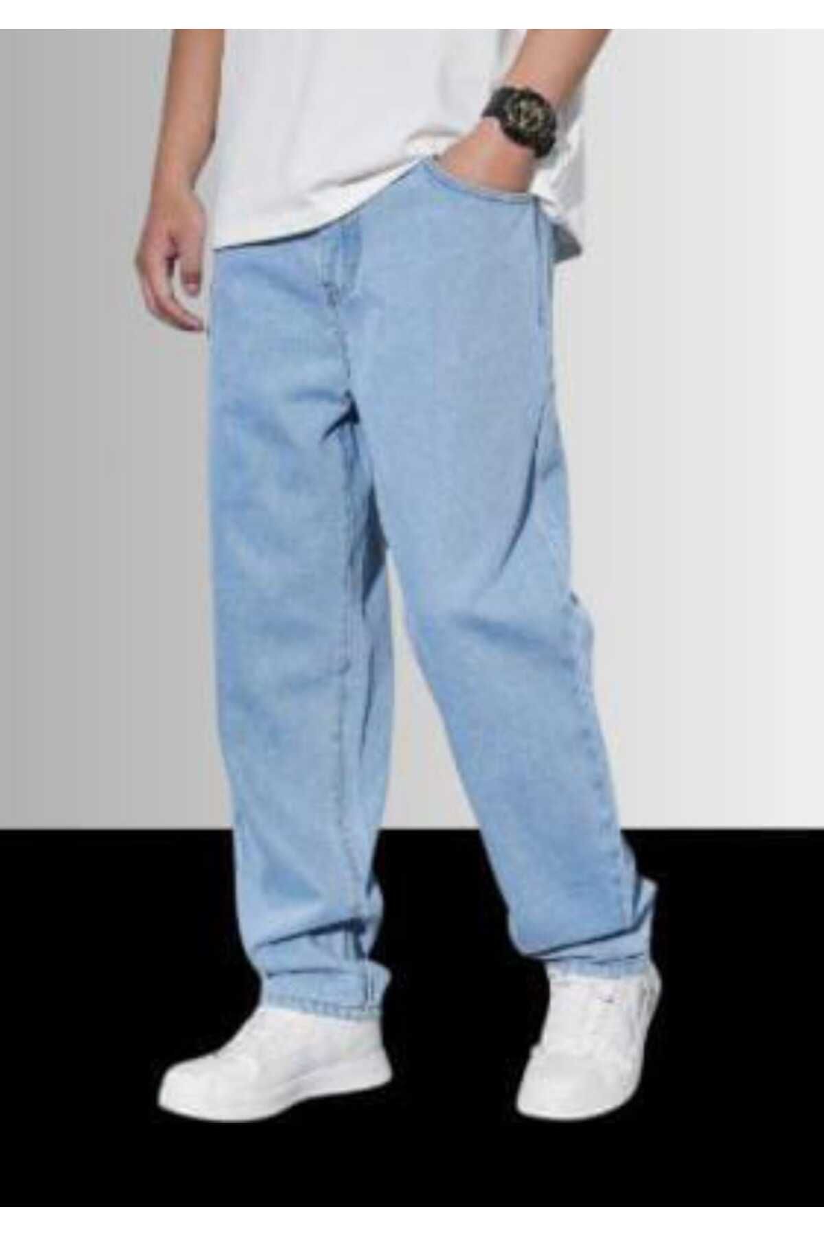 Denim Erkek Asit Yıkama Buz Mavi Bol Paça Jean Kot Baggy Pantolon