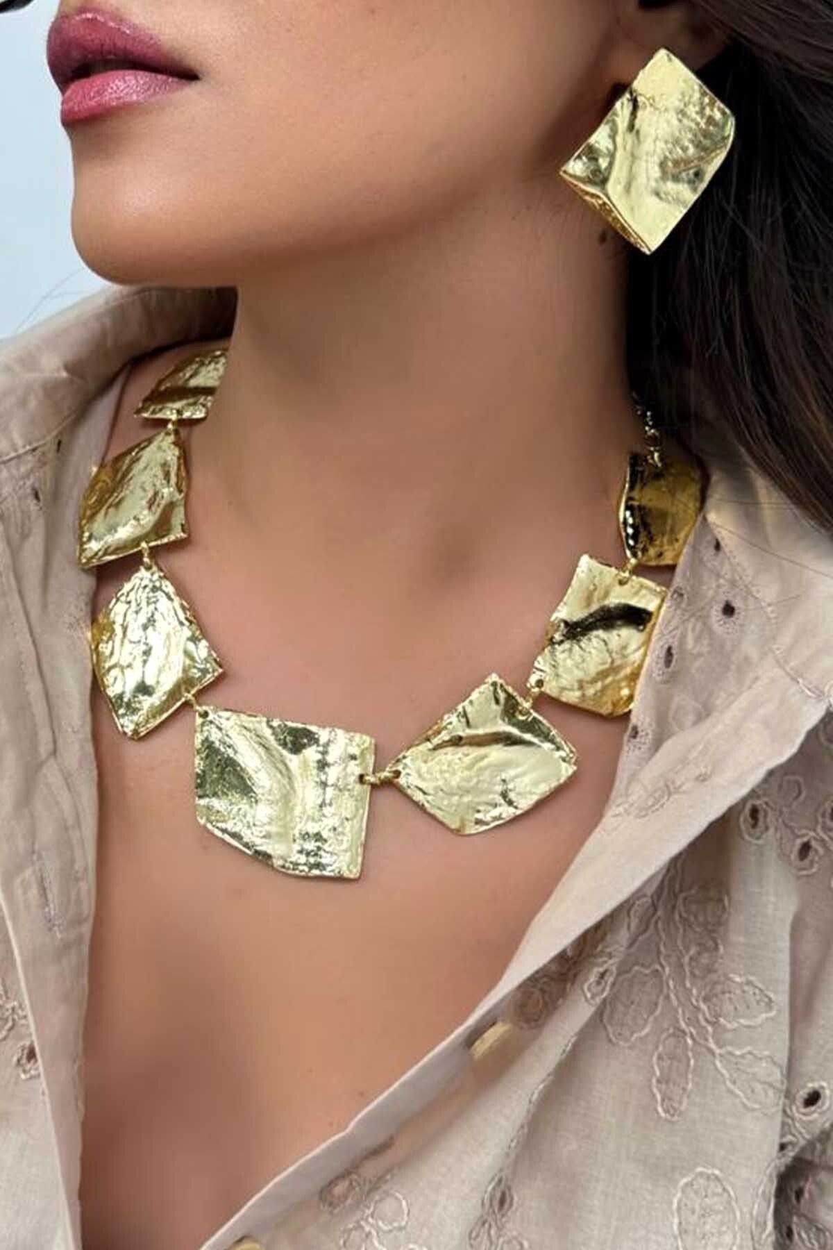 BYP Atelier Asimetrik Asma Kolye Küpe Set Gold