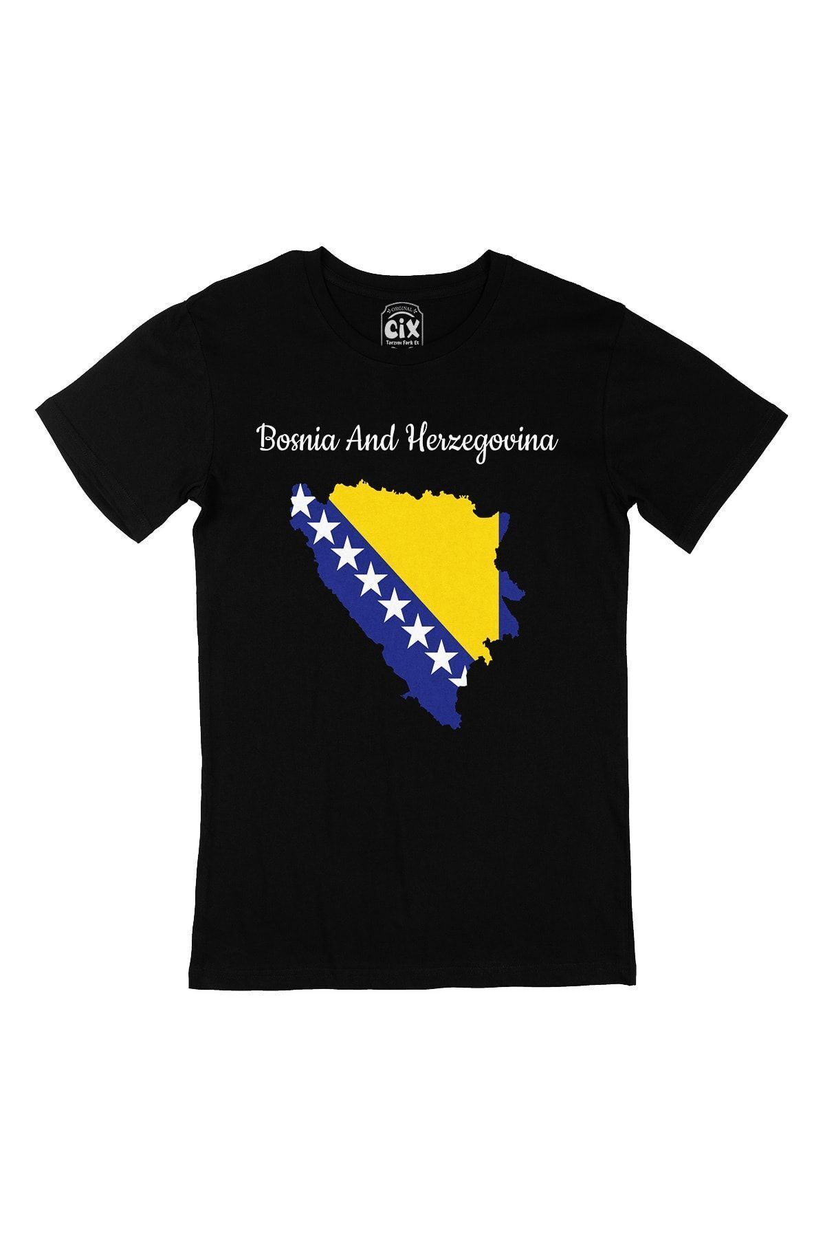 donamod Bosna Hersek Haritalı ve Bayraklı Siyah Tişört