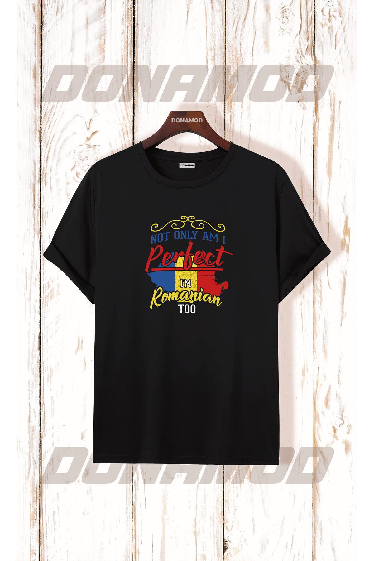 donamod Romania Romanya Logo Bayrak Mavi Sarı Kırmızı Bayram Hediye Doğum Günü Siyah Beyaz Tişört T shirt