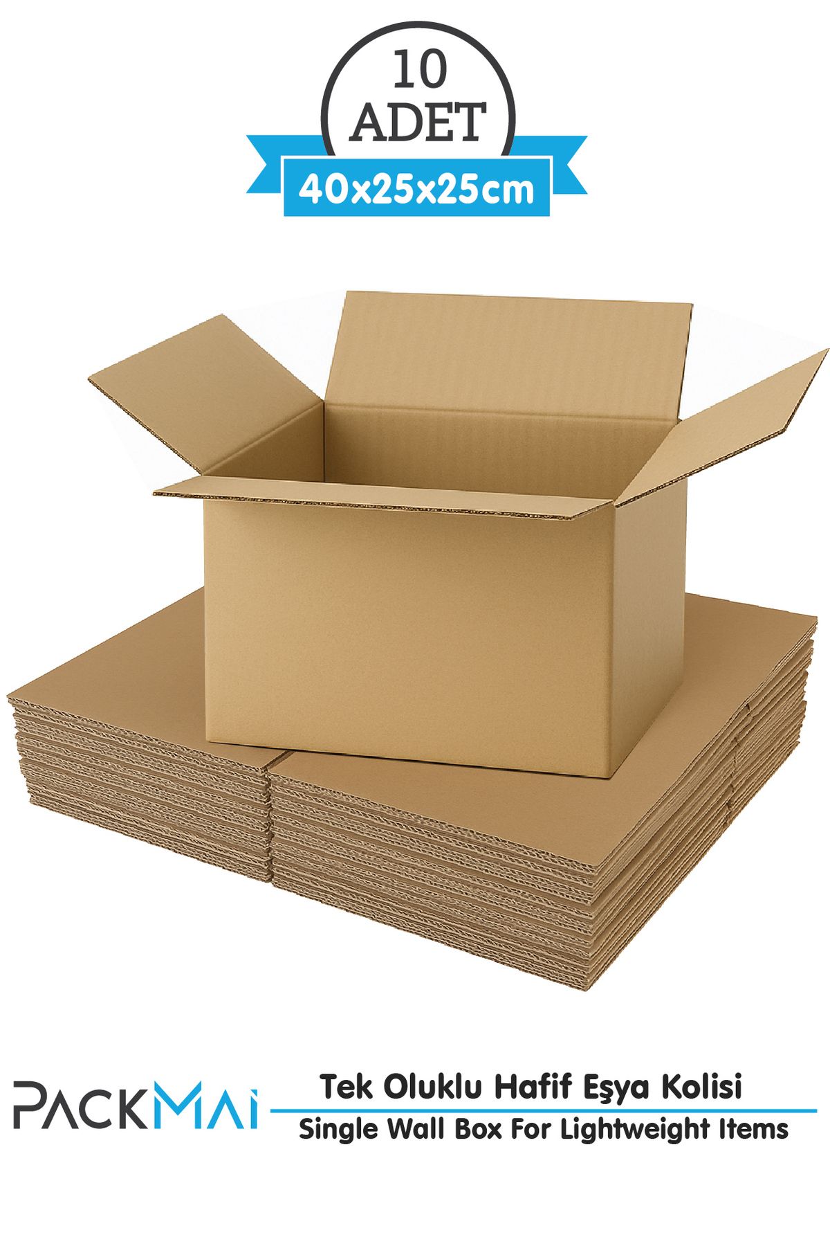 PackMai 40x25x25 cm Koli-Kutu | 10 ADET | Hafif Eşya Kolisi Tek Oluklu 3mm Karton Kutu