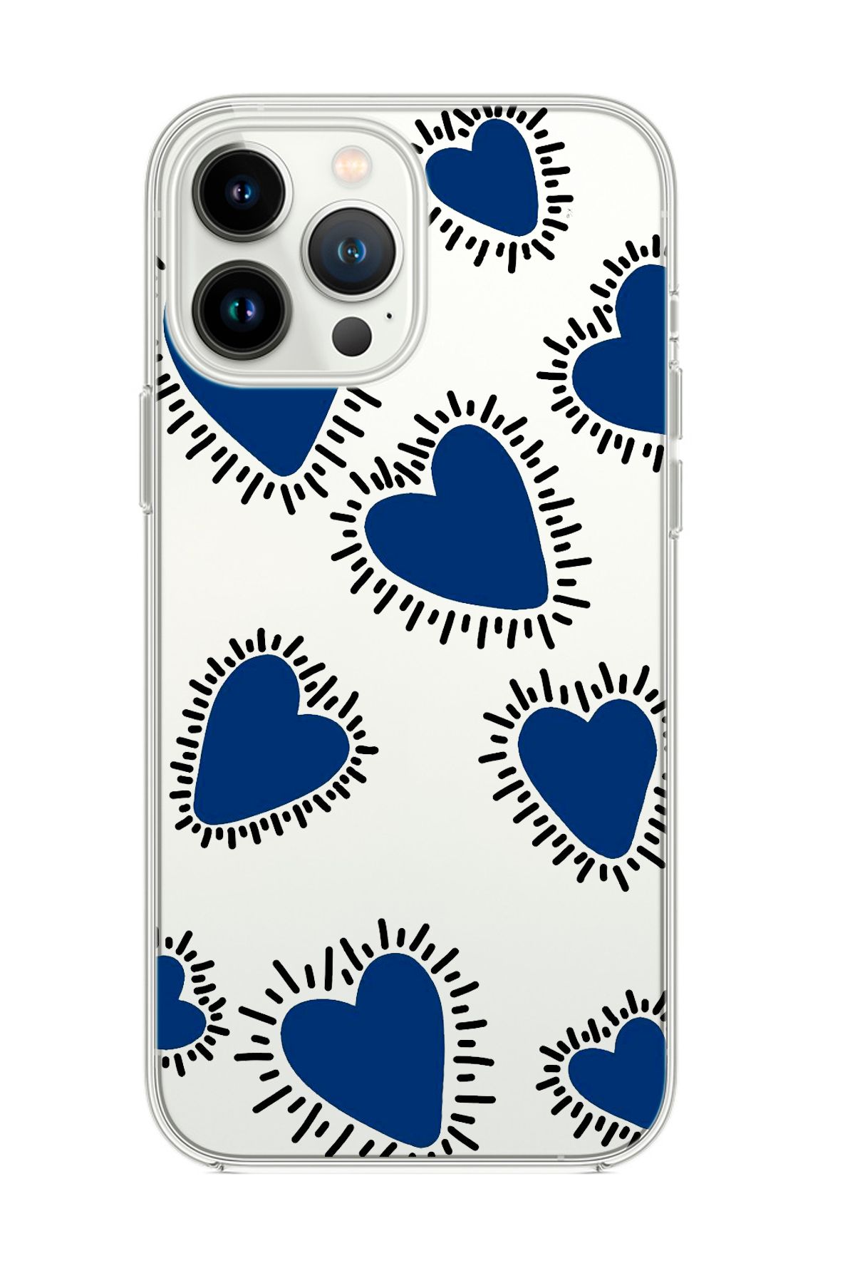 mooodcase iPhone 13 Pro Uyumlu Çizgili Mavi Kalpler Desenli Şeffaf Silikonlu Telefon Kılıfı