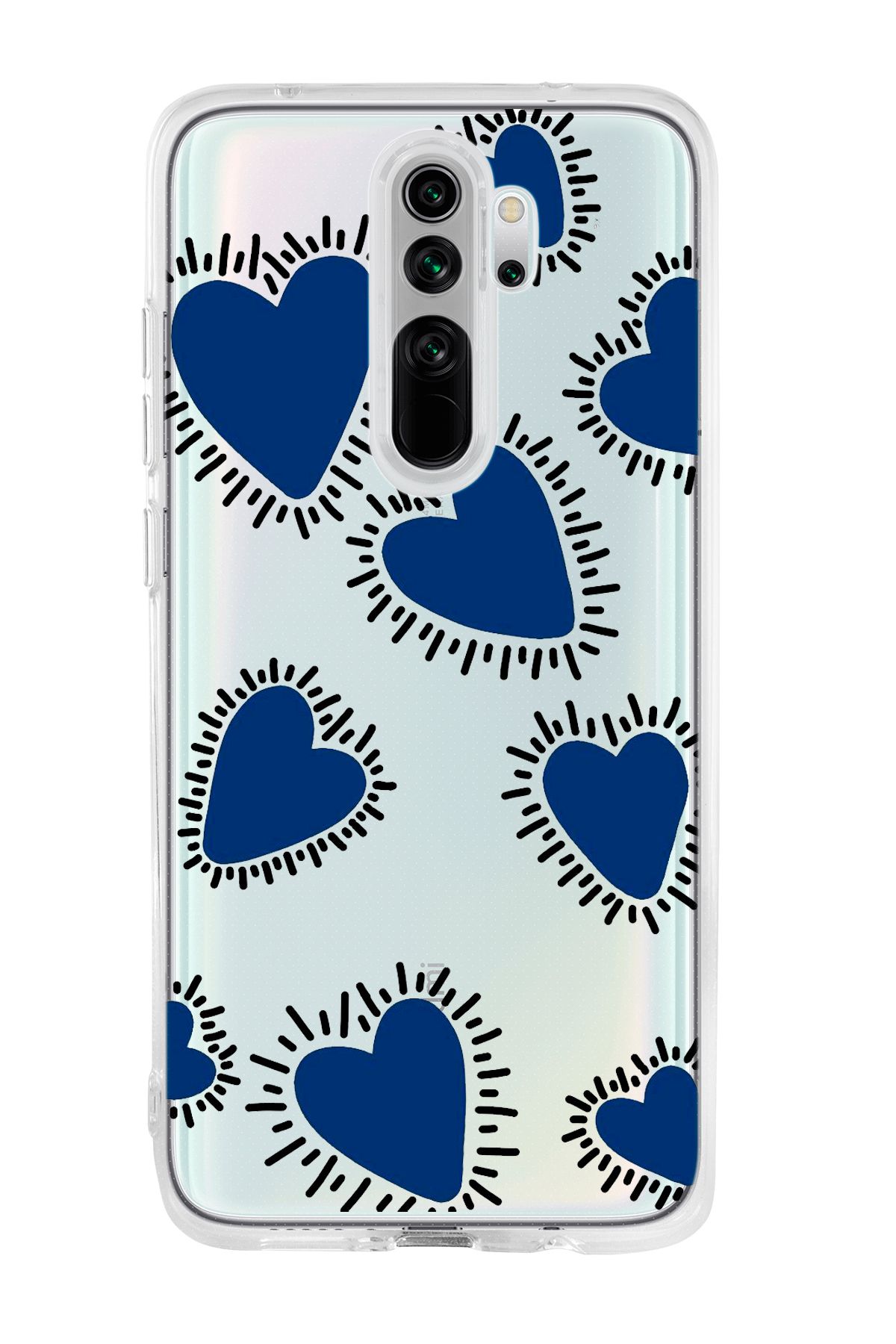 mooodcase Xiaomi Redmi Note 8 Pro Uyumlu Çizgili Mavi Kalpler Desenli Şeffaf Silikonlu Telefon Kılıfı