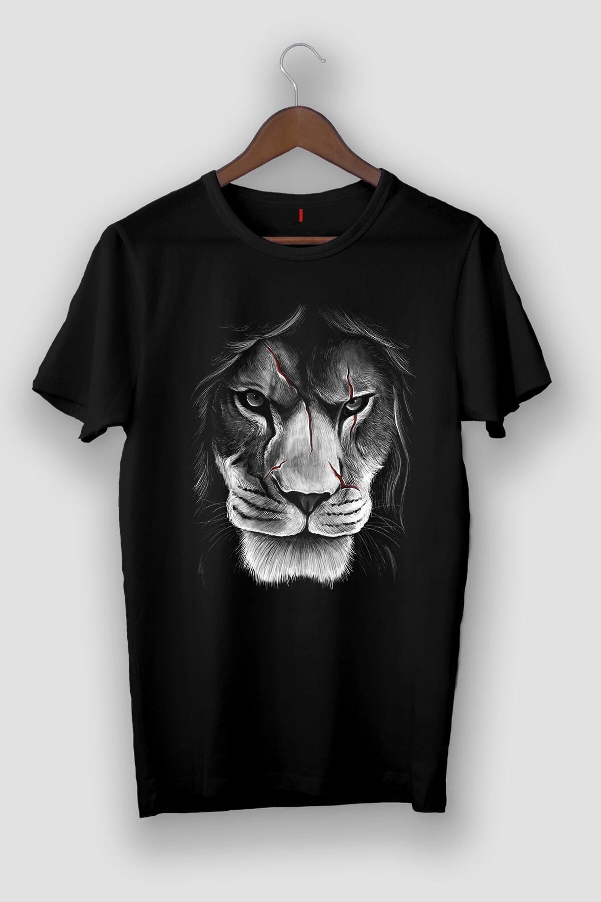 donamod Unisex Siyah Keskin Çizim Aslan Görselli Vip Tasarım Tshirt