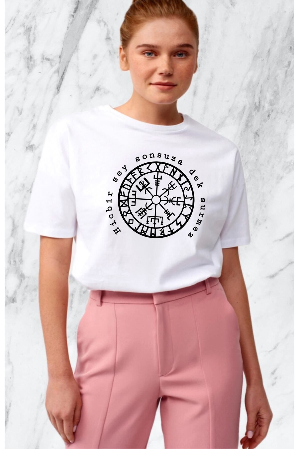 donamod Kadın Viking Pusula Tasarım Beyaz Regular Tshirt