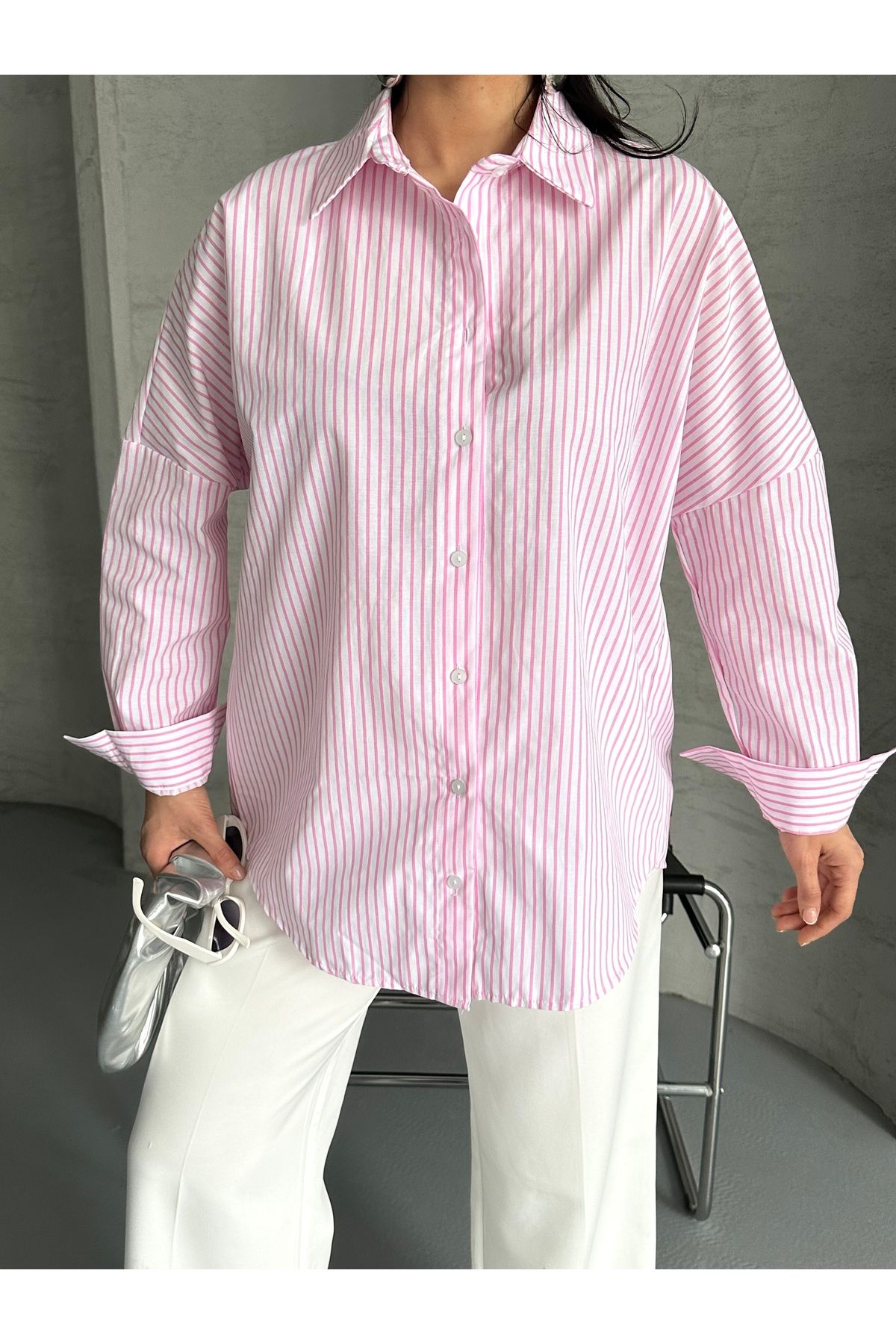 Moda İkra çizgili poplin gömlek