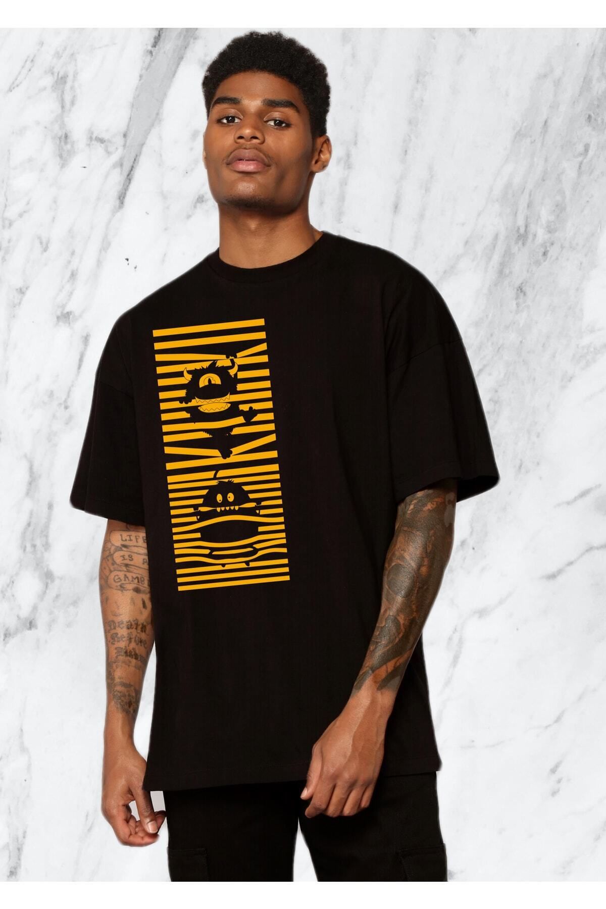 donamod Erkek Oversize Monster Tasarım Siyah Tshirt