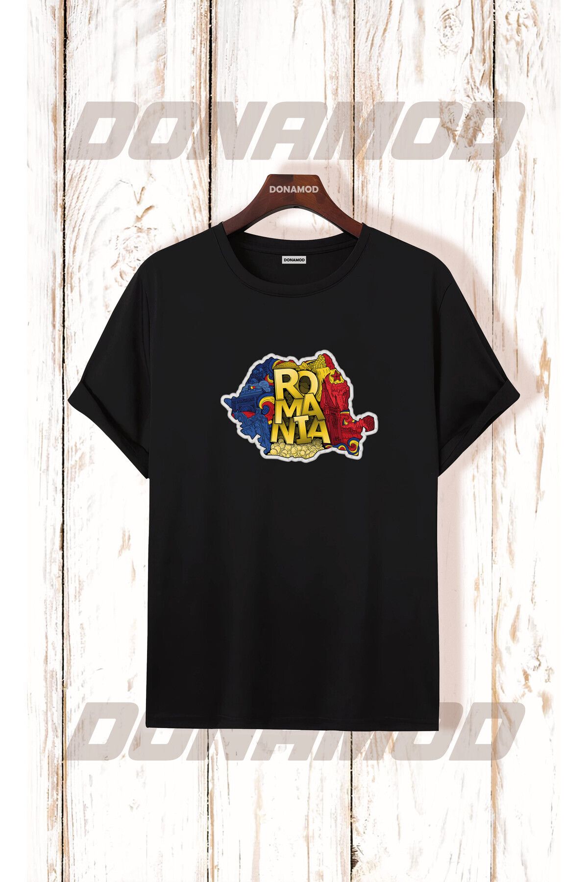 donamod Romania Romanya Logo Bayrak Mavi Sarı Kırmızı Bayram Hediye Doğum Günü Siyah Beyaz Tişört T shirt