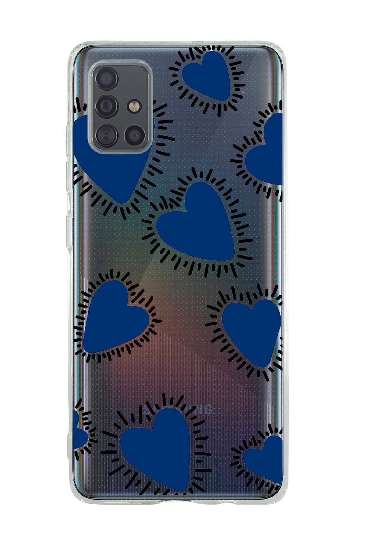 mooodcase Galaxy A71 Uyumlu Çizgili Mavi Kalpler Desenli Şeffaf Silikonlu Telefon Kılıfı