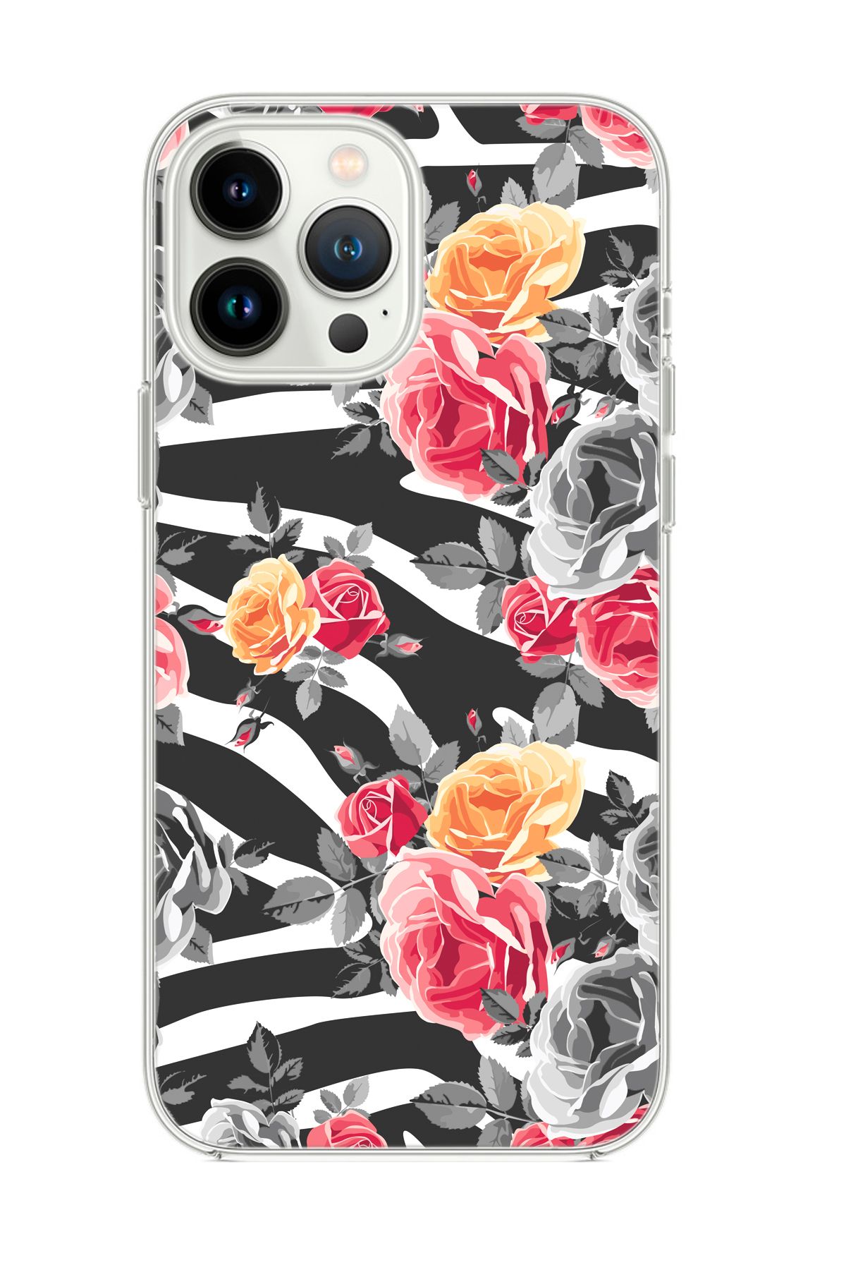 mooodcase iPhone 14 Pro Max Uyumlu Zebra Gülleri Desenli Şeffaf Silikonlu Telefon Kılıfı