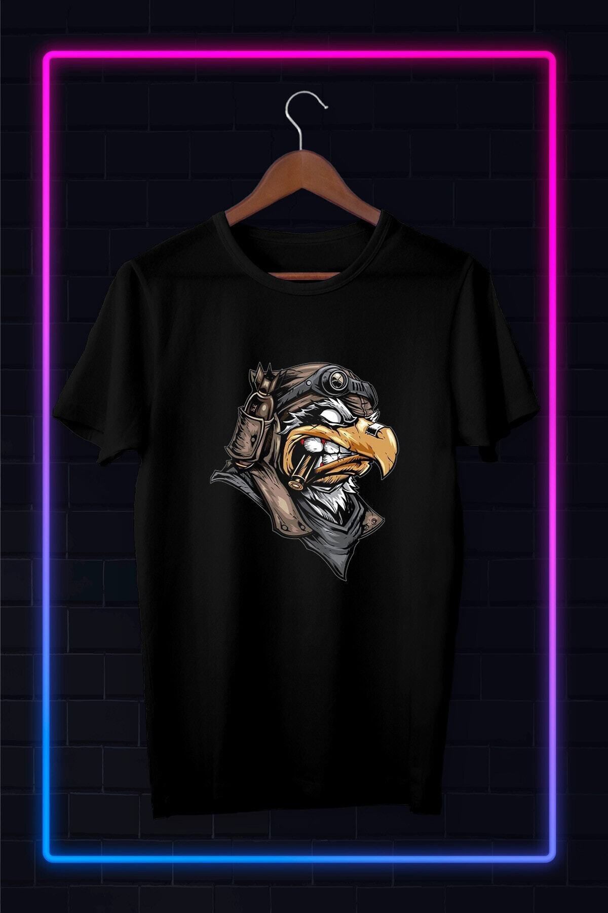 donamod Siyah -unisex -eagle Soldıer-ıllustrasyon Çizim-