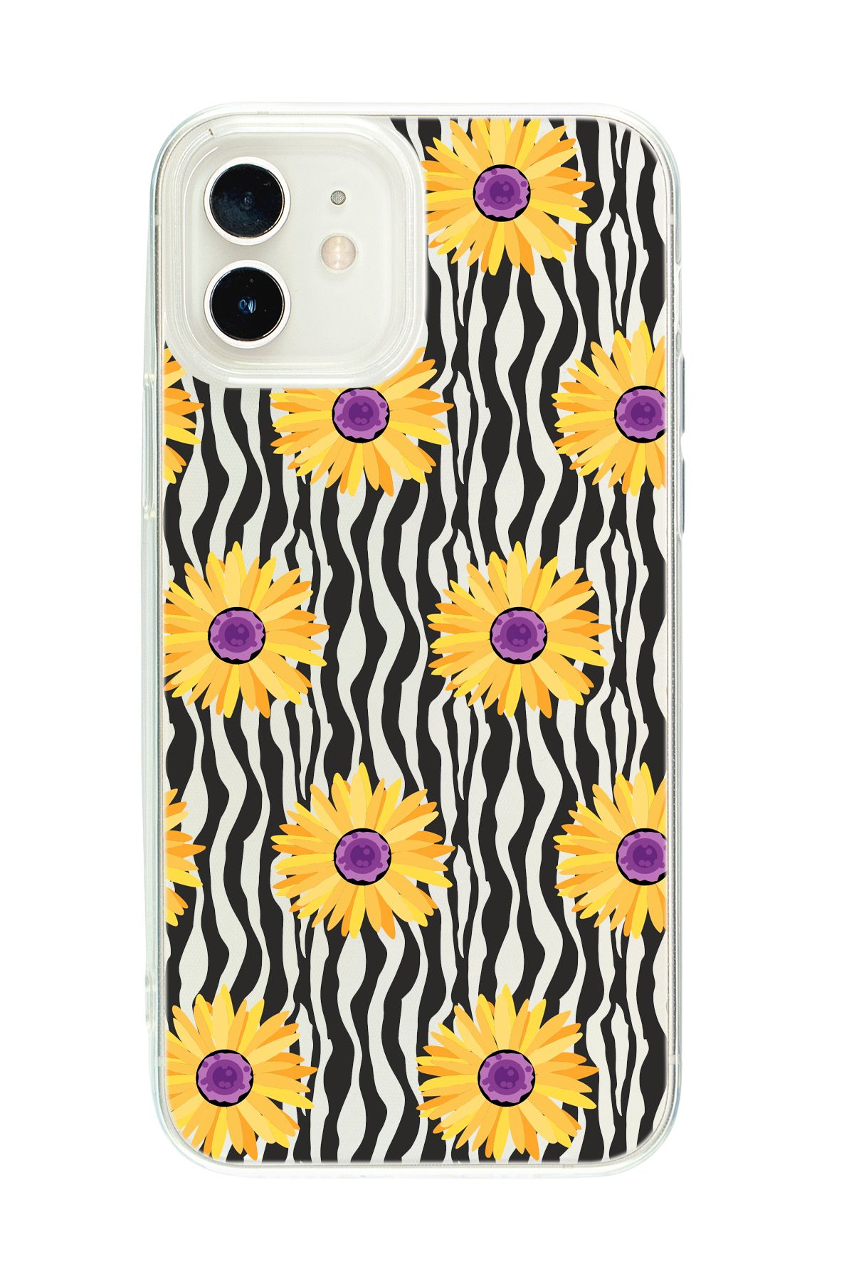 mooodcase iPhone 12 Uyumlu Sarı Papatyalar Desenli Şeffaf Silikonlu Telefon Kılıfı