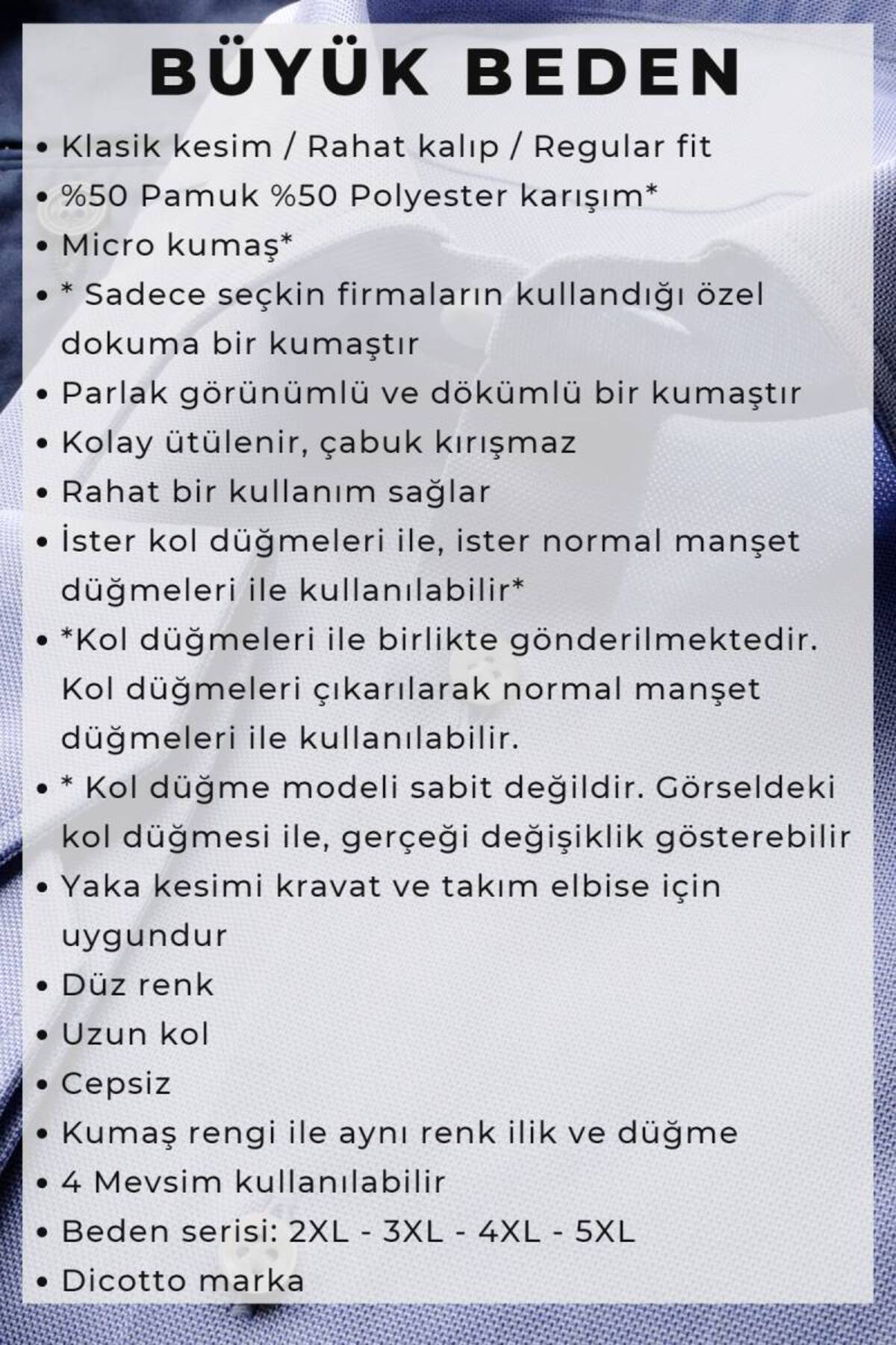 Dicotto İndigo Büyük Beden Rahat Kesim Micro Kumaş Kol Düğmeli Regular Fit Erkek Gömlek - 190-5 görsel 4