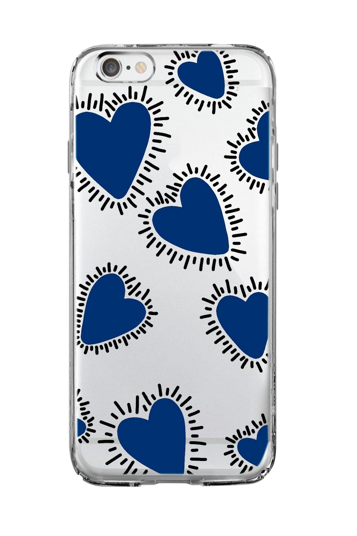 mooodcase iPhone 6 / 6s Uyumlu Çizgili Mavi Kalpler Desenli Şeffaf Silikonlu Telefon Kılıfı