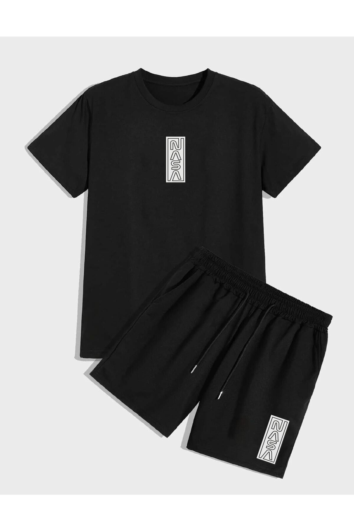 donamod Unisex Nasa Minimal Baskılı Oversize T-shirt Ve Şort Kombin