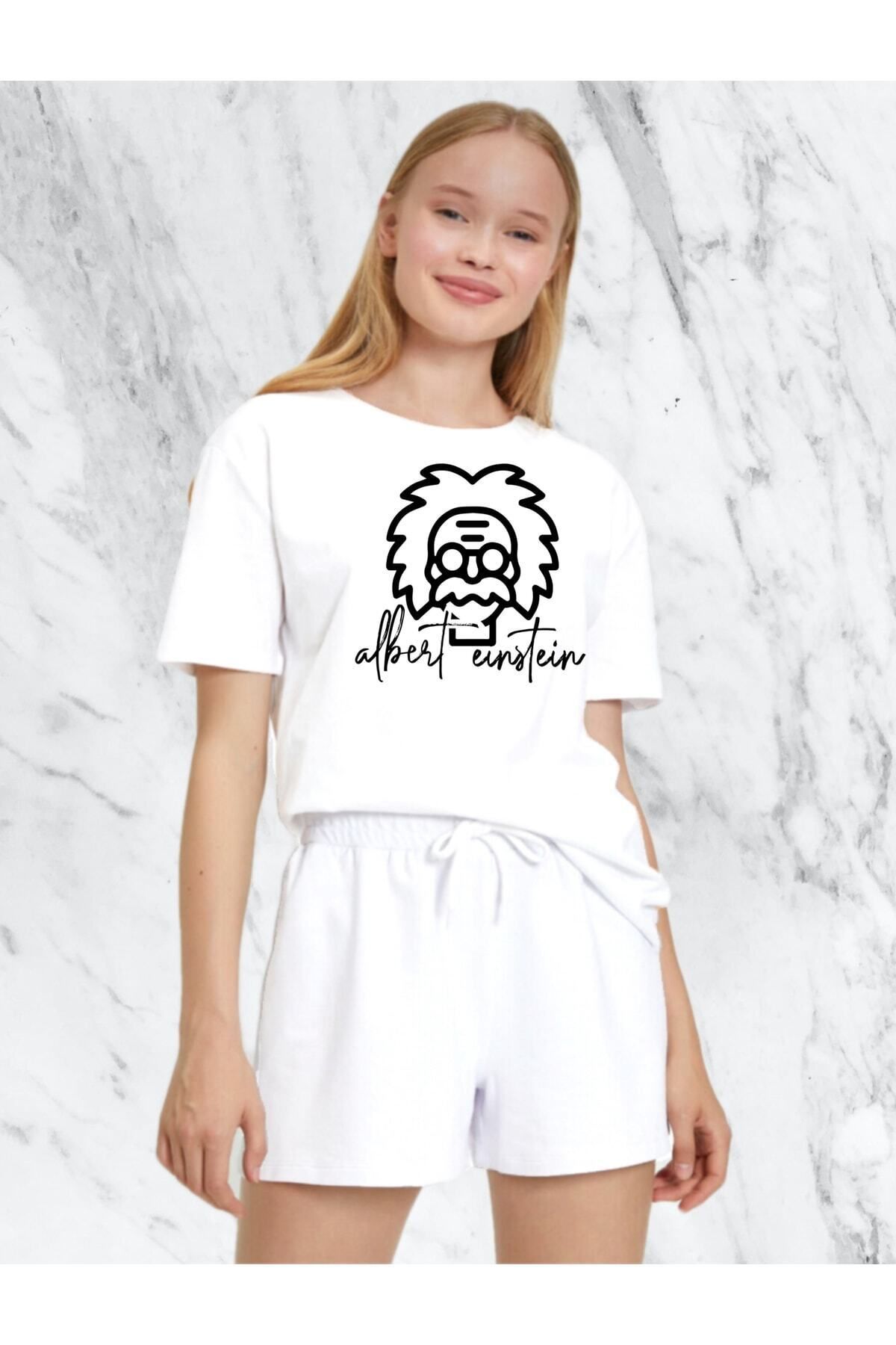 donamod Kadın Albert Einstein Tasarım Beyaz Regular Tshirt
