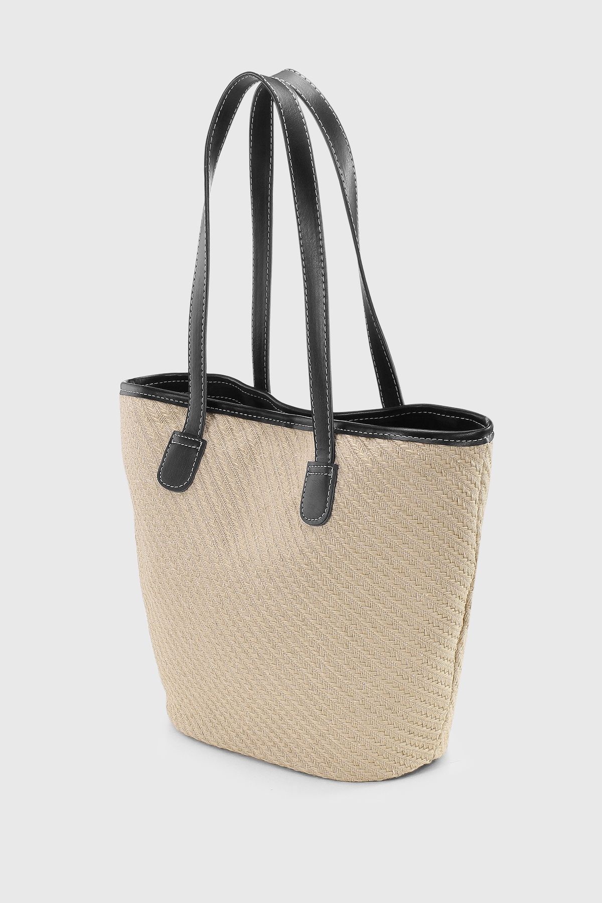 Housebags Doğal Hasır Siyah Deri Askılı Plaj Çantası