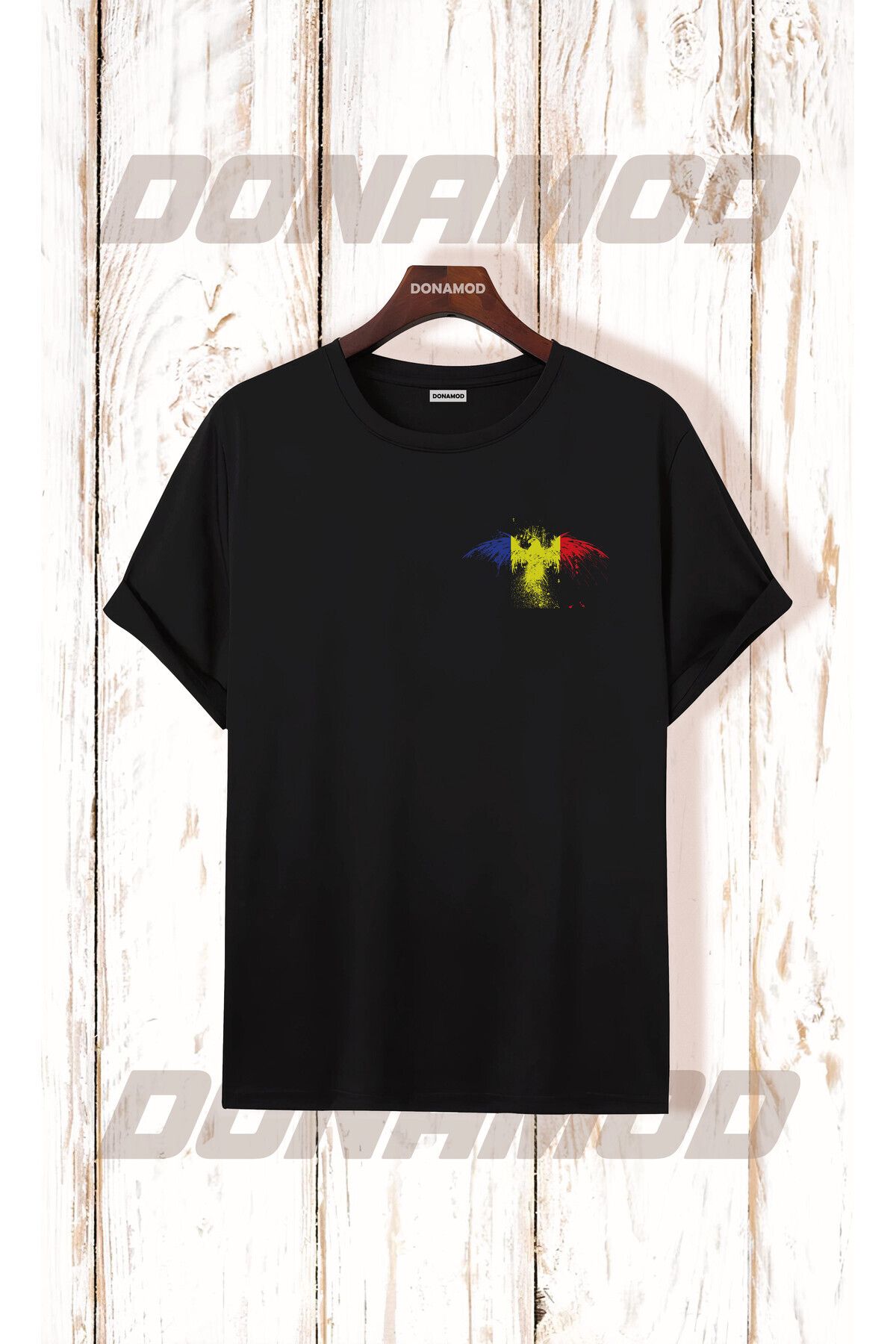donamod Romania Romanya Logo Bayrak Mavi Sarı Kırmızı Bayram Hediye Doğum Günü Siyah Beyaz Tişört T shirt