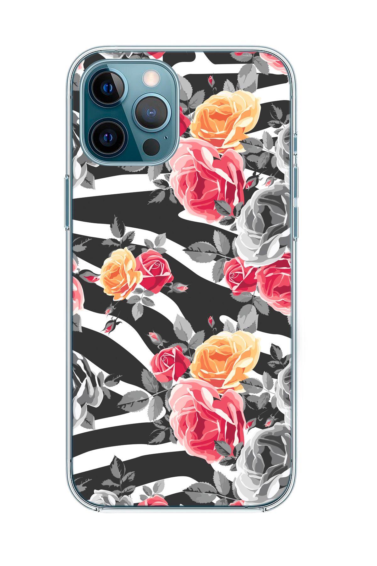 mooodcase iPhone 12 Pro Max Uyumlu Zebra Gülleri Desenli Şeffaf Silikonlu Telefon Kılıfı