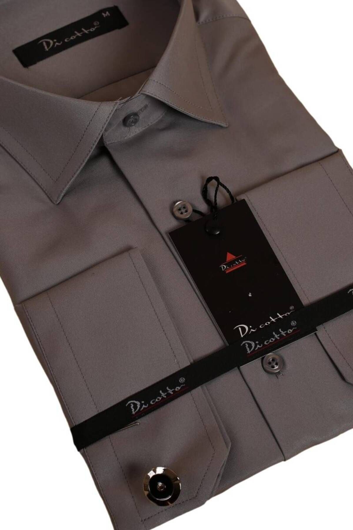 Dicotto-Dark Gray Relaxed Cut Micro Fabric Regular Fit Men's Shirt with Cufflinks - 190-7 2