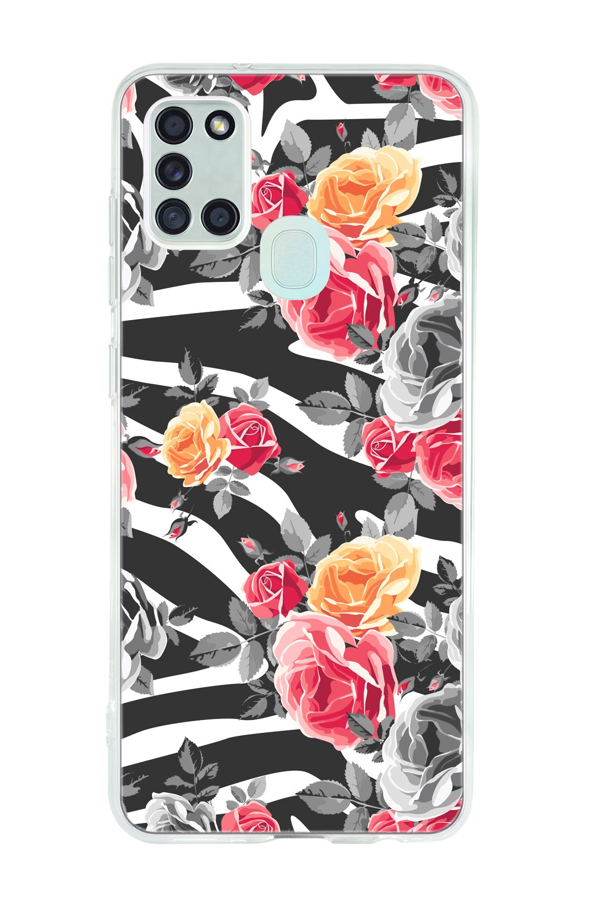 mooodcase Galaxy A21s Uyumlu Zebra Gülleri Desenli Şeffaf Silikonlu Telefon Kılıfı