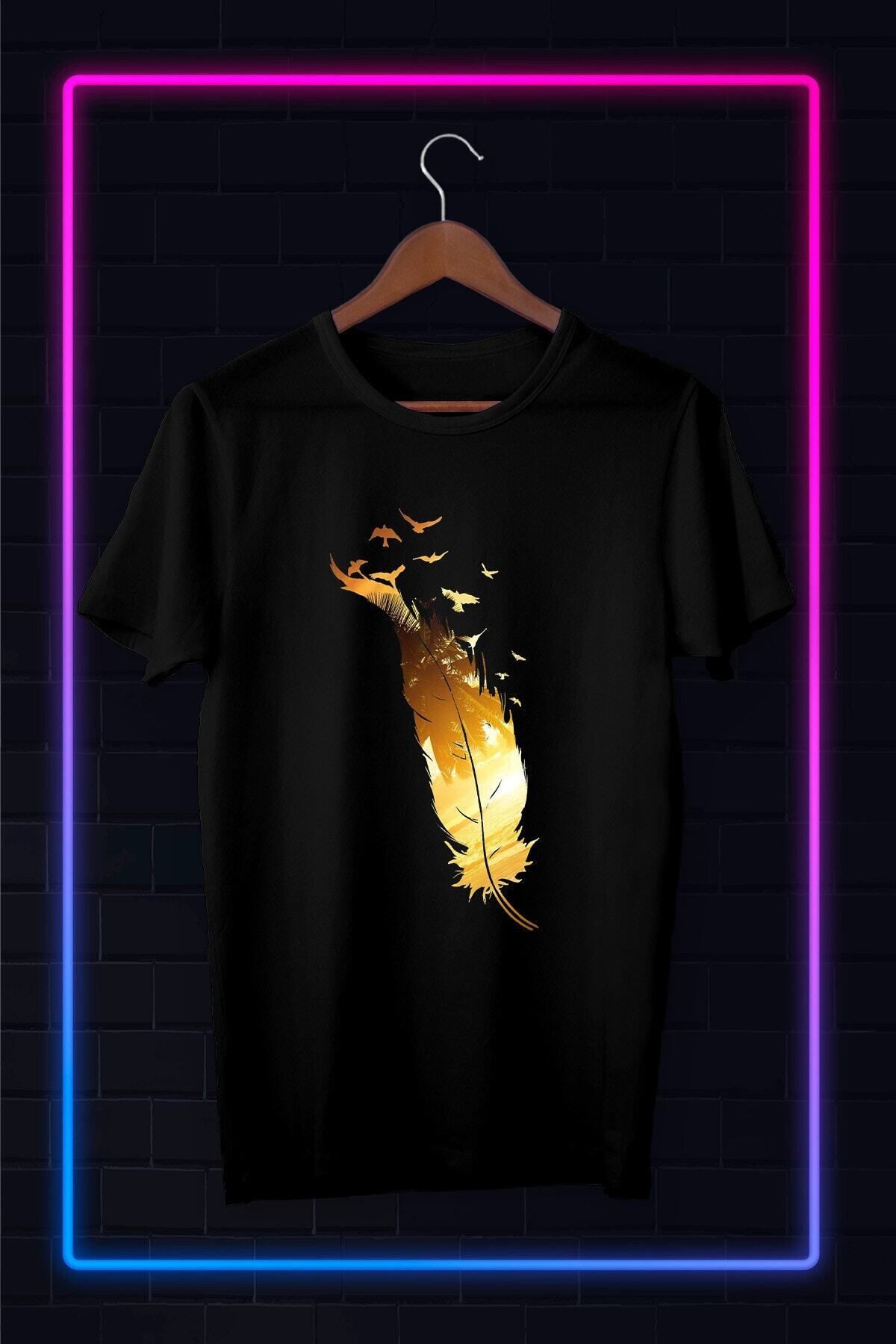donamod Siyah -unisex -feather And Bırd-ıllustrasyon Çizim-