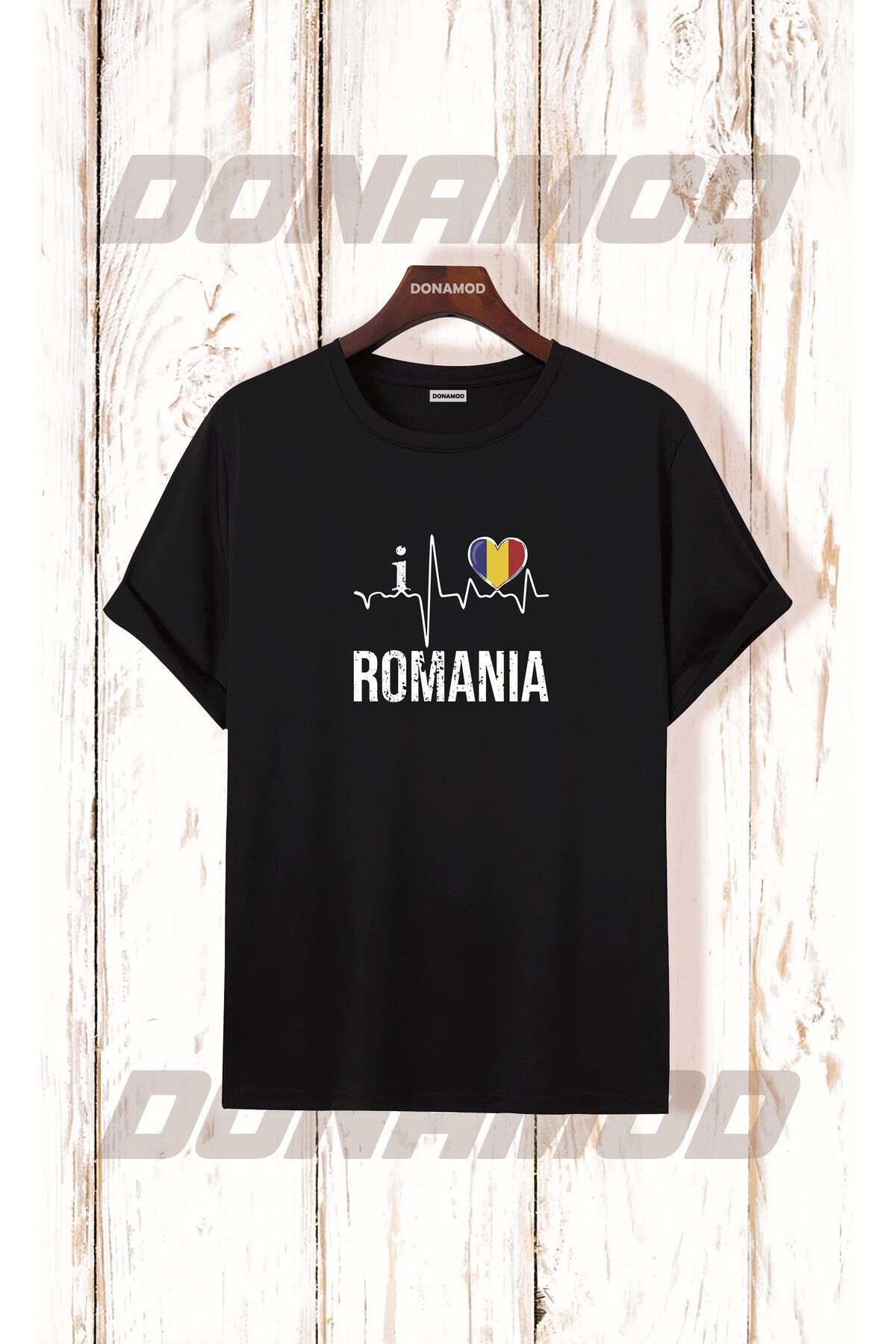 donamod Romania Romanya Logo Bayrak Mavi Sarı Kırmızı Bayram Hediye Doğum Günü Siyah Beyaz Tişört T shirt