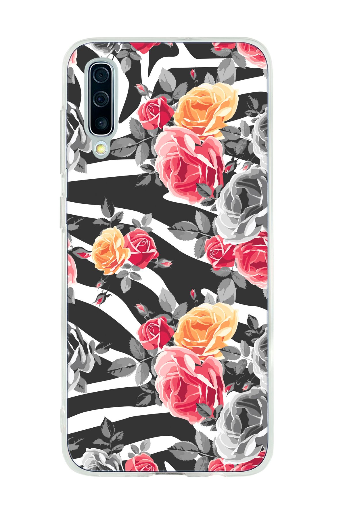 mooodcase Galaxy A50 Uyumlu Zebra Gülleri Desenli Şeffaf Silikonlu Telefon Kılıfı