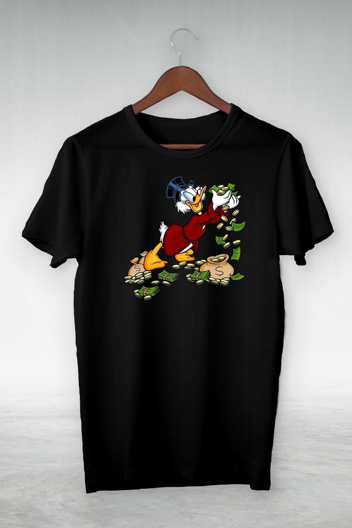 donamod Unisex Siyah Donald Duck Illustrasyon Çizim Tshirt