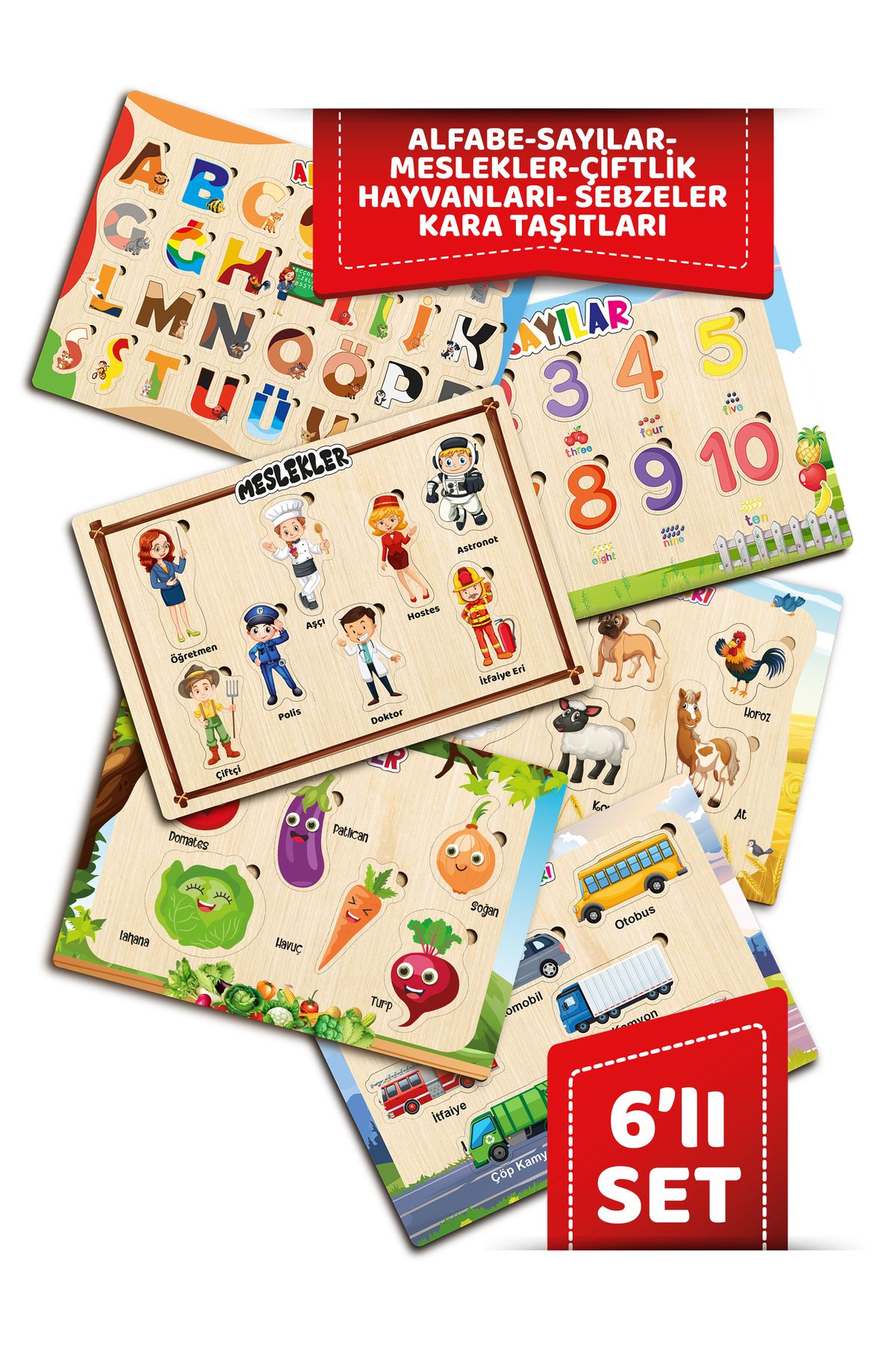 TIME TABLE ahşap eğitici öğretici ALFABE SAYILAR MESLEKLER ÇİFTLİK HAYVANLARI TAŞITLAR SEBZELER 6 PARÇA