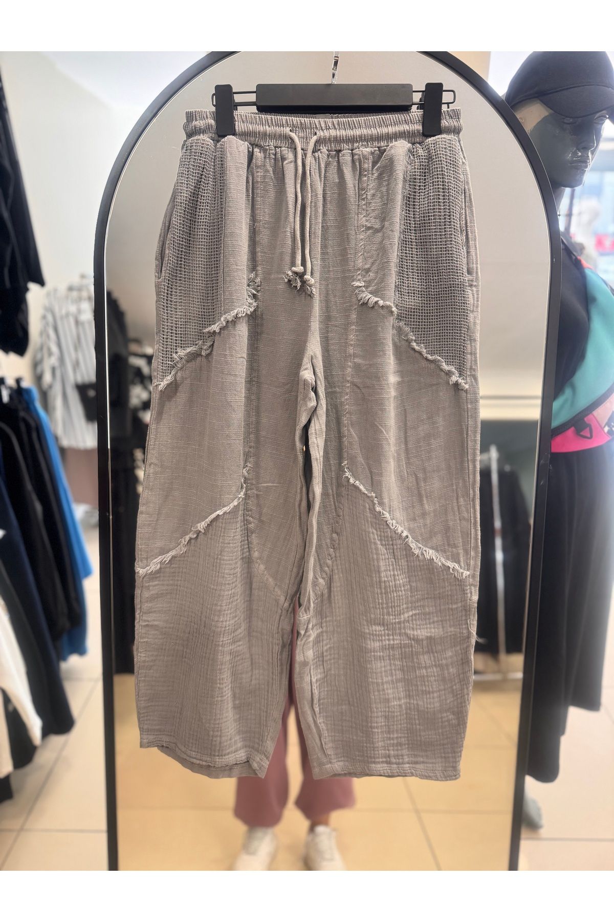 Arzu Yıldırım Butik Gri Müslin Pamuklu Bohem Tarz Lastikli Pantolon
