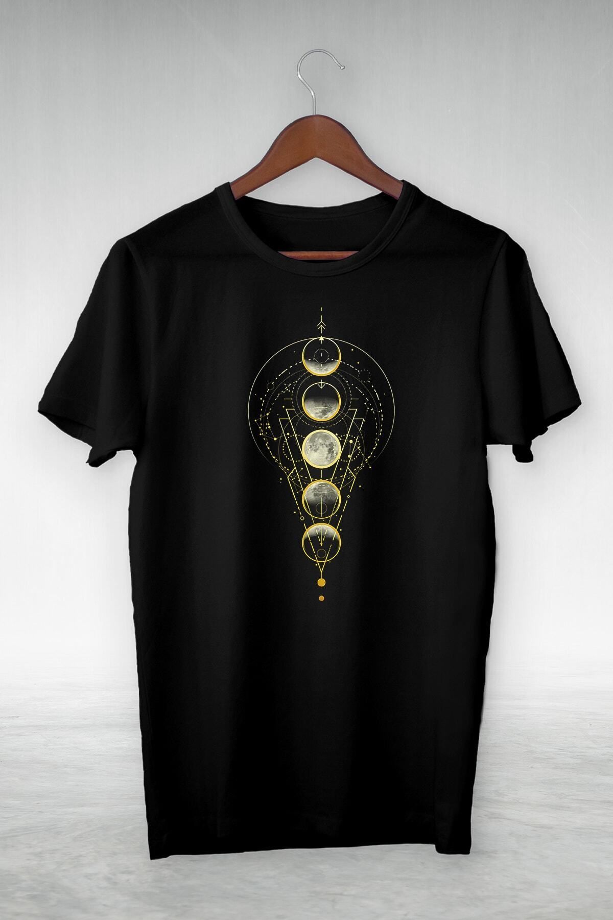 donamod Unisex Siyah Moon Cycle Illustrasyon Çizim Tshirt