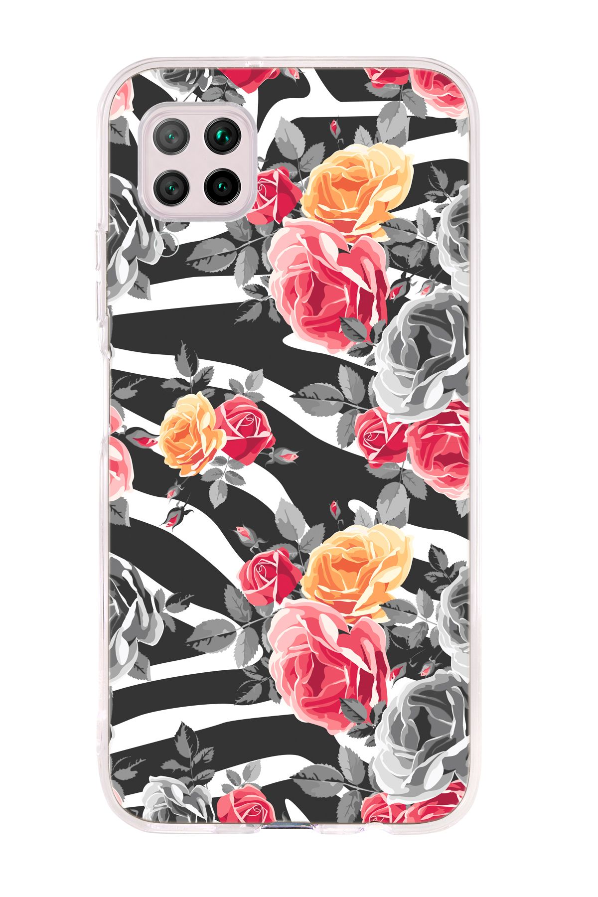 mooodcase Huawei P40 Lite Uyumlu Zebra Gülleri Desenli Şeffaf Silikonlu Telefon Kılıfı
