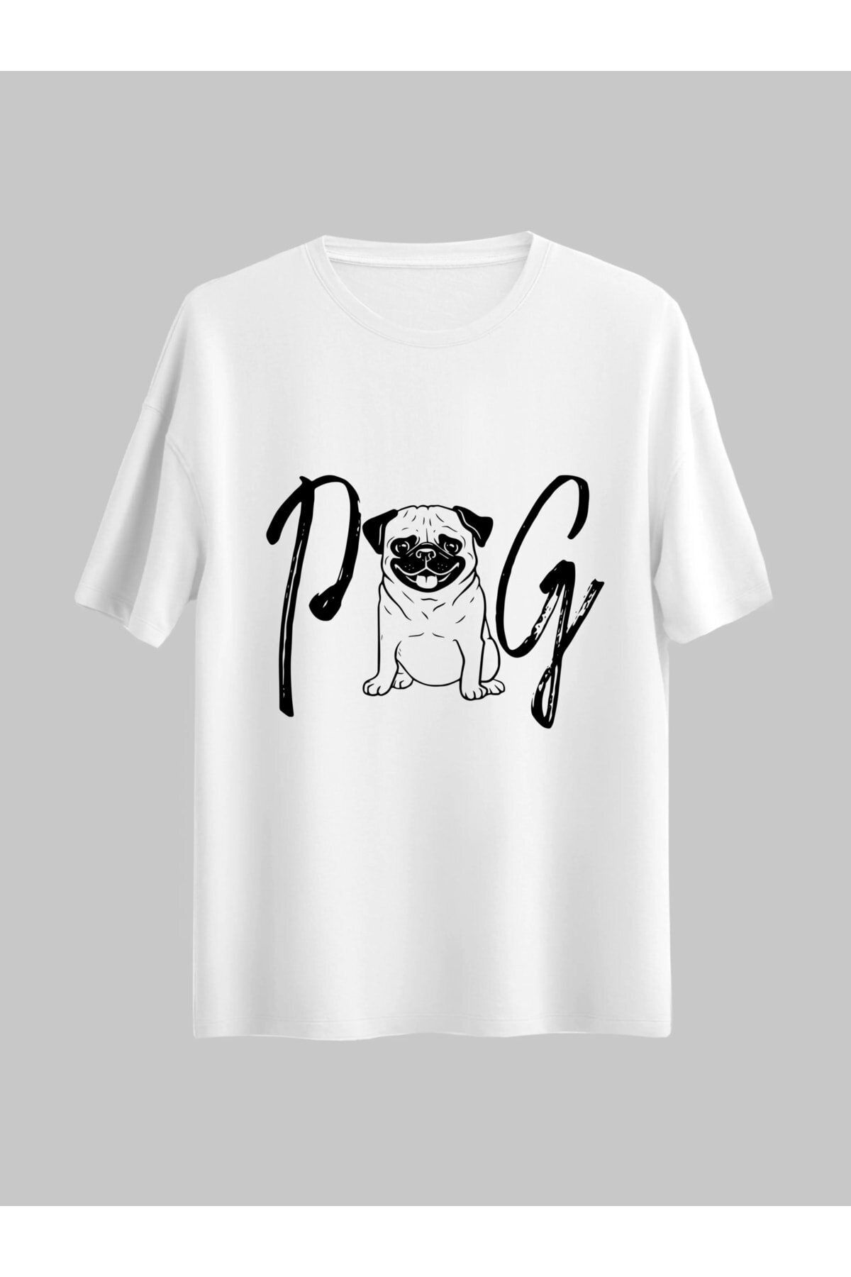 donamod Regular Unisex Pug Köpek Tasarımlı Beyaz Tshirt