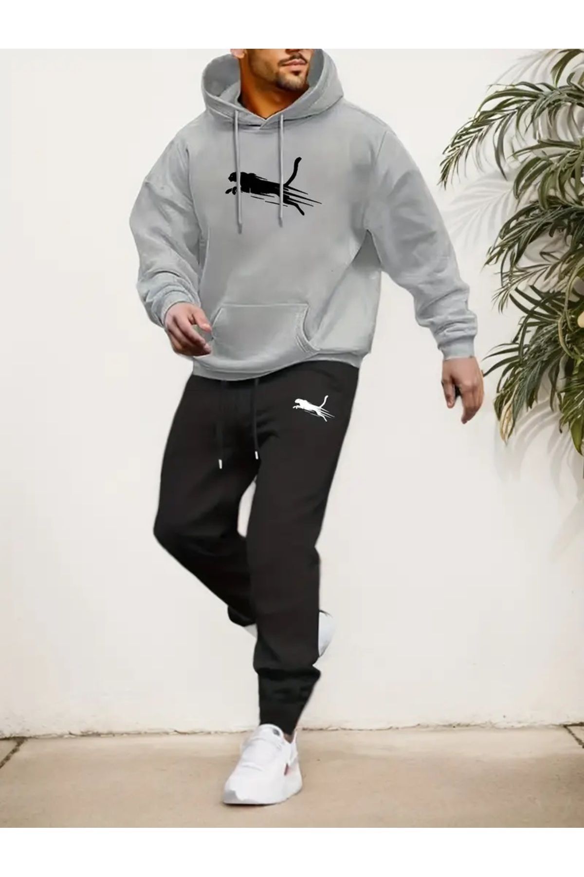 NEW TRENDY COLLECTİON YIRTICI Desenli Oversize Hoodie & Eşofman Altı Takımı – Şardonlu Penye Kumaş 2 Lİ SET