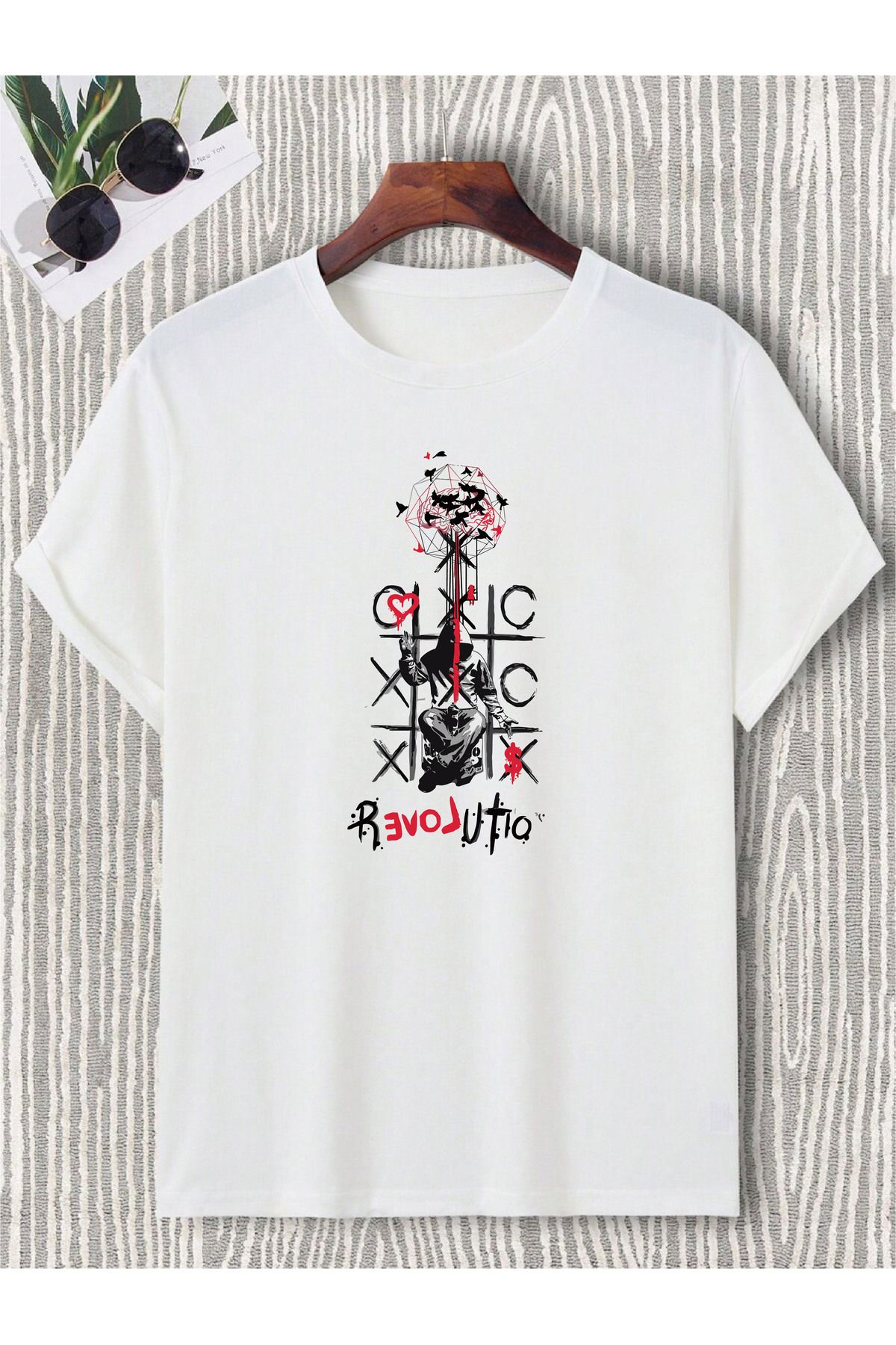 donamod Unisex Oversize Beyaz Kurukafa Minimalist Gotik Marjinal Sokak Stil Çizgisel Tasarım Tişört T-shirt