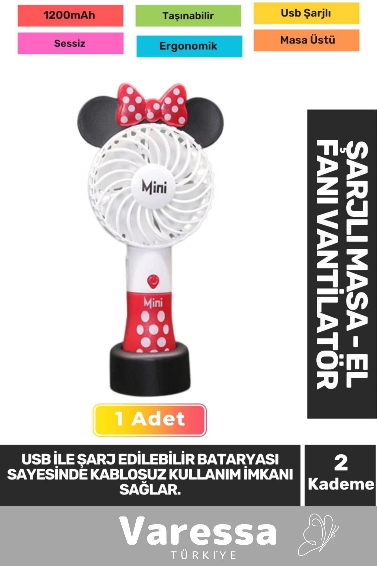 VARESSA Yeni Sessiz 2 Kademe Hafif Kablosuz 1200mAh Pervaneli Taşınabilir Usb Şarjlı Masa El Fanı Vantilatör
