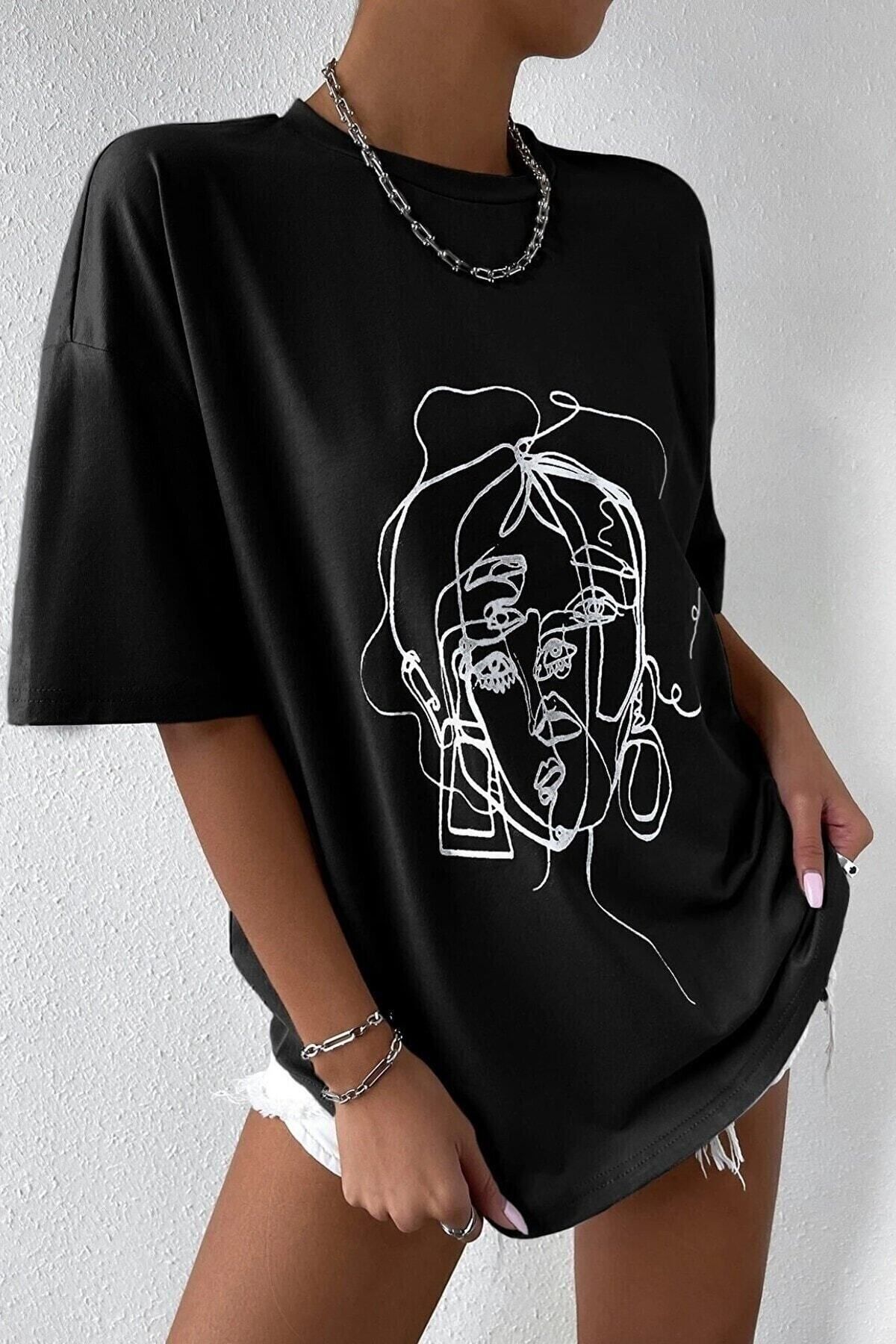 donamod Kadın Siyah Yüz Baskı Detaylı Oversize T-shirt