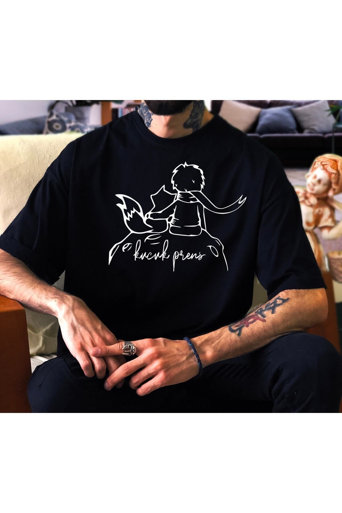 donamod Oversize Unisex Küçük Prens Tasarımlı Siyah Tshirt