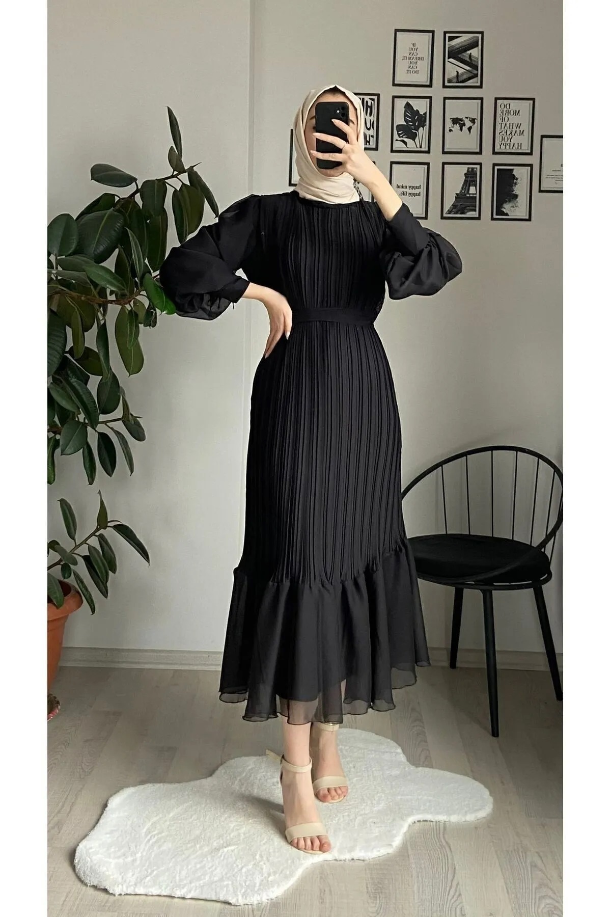 TOKARİS TEKSTİL-Women's Pleated Lined Chiffon Dress 2