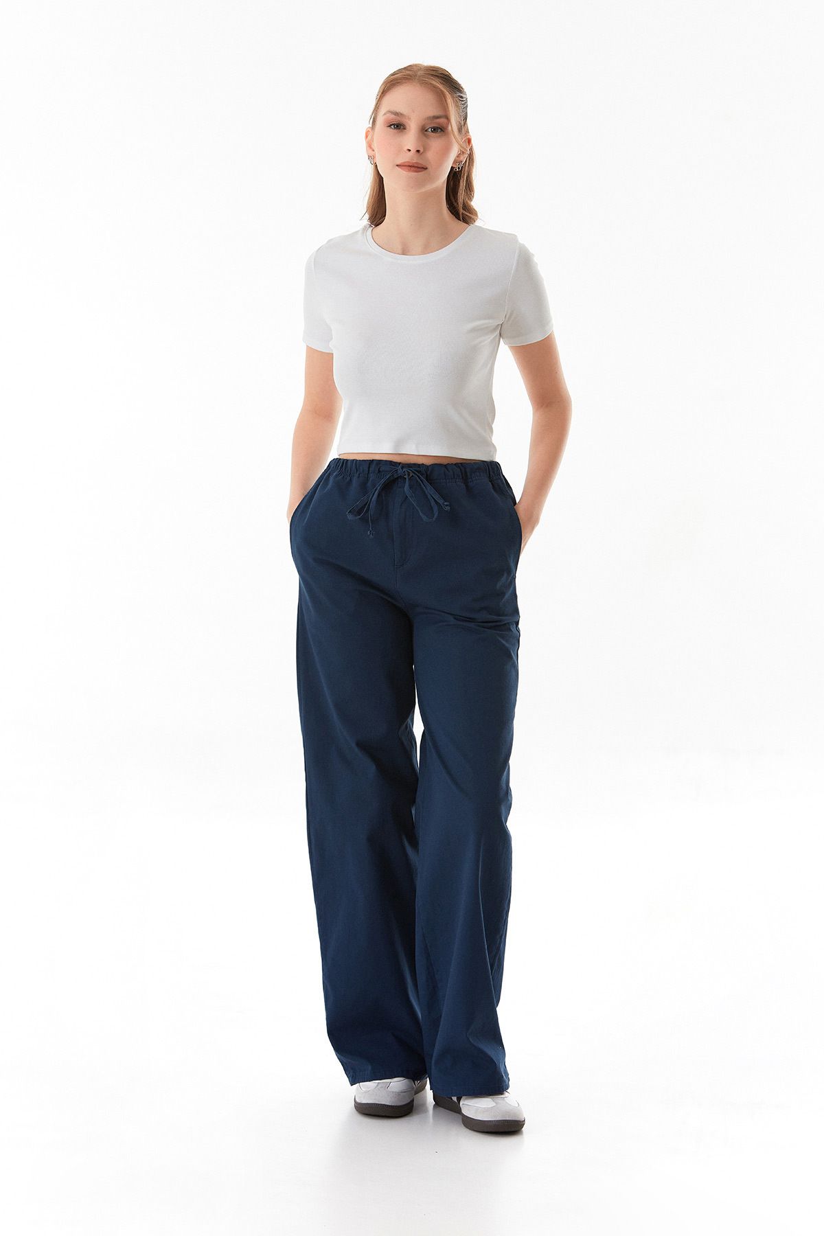 KAMİLKUNDURA Beli Lastikli Cepli Gabardin Palazzo Pantolon