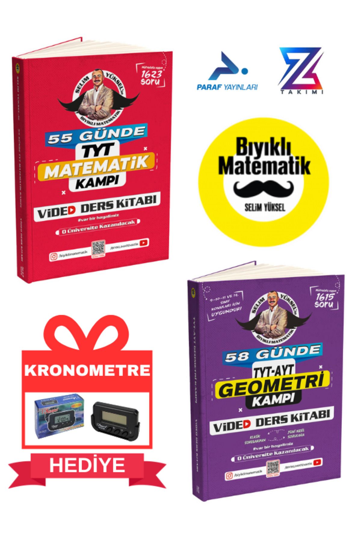 paraf yayınları Bıyıklı 55 Günde TYT Matematik Video Ders Kitabı Ve 58 Günde TYT-AYT Geometri Video Ders Kitabı 2'li